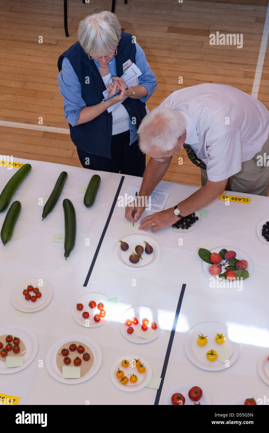 2 judges assess the quality of the fruit entries at Burley Gardeners' Annual Show - Queen's Hall, Burley-in-Wharfedale, West Yorkshire, England, UK. Stock Photo