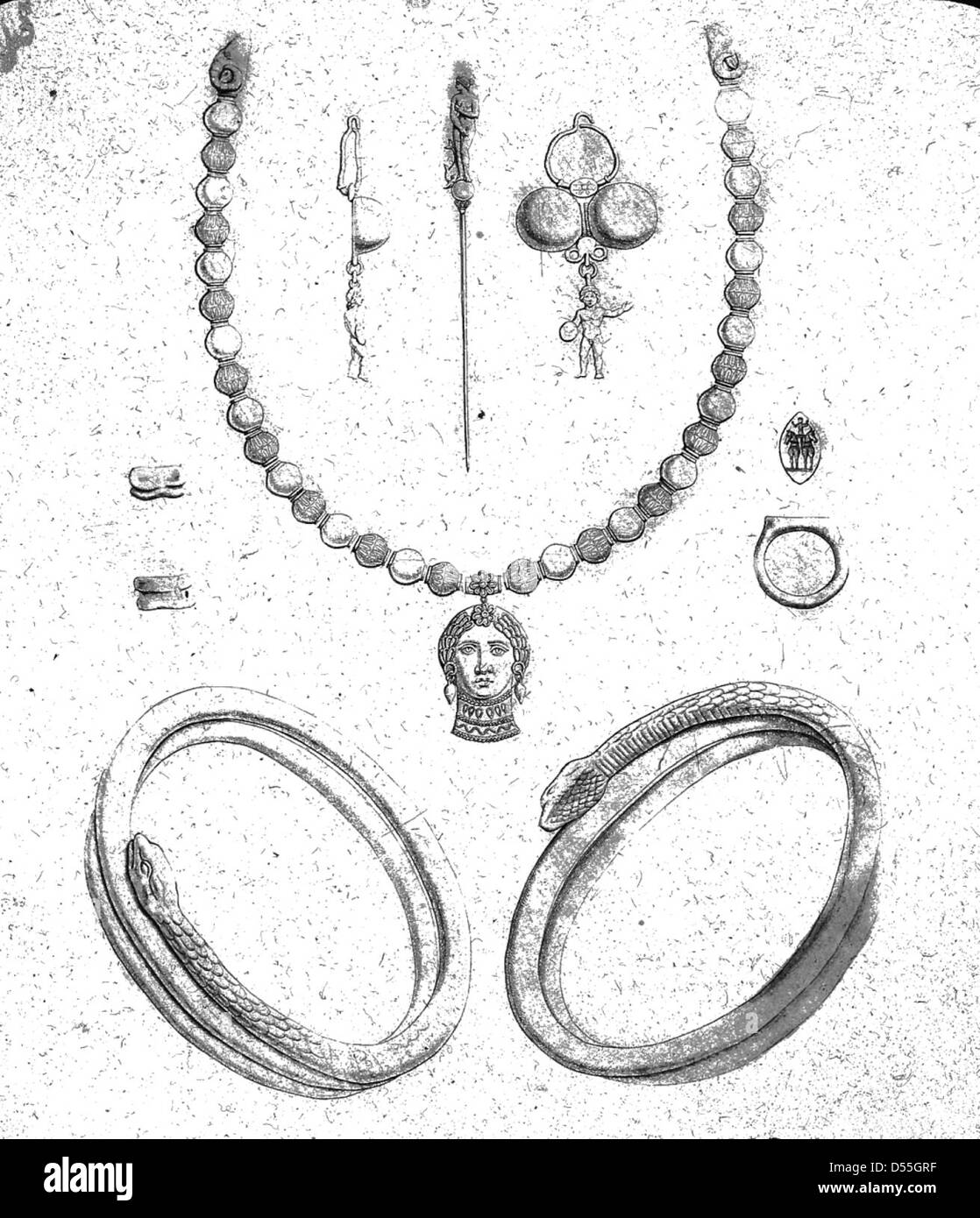 Pompeii: Drawings of gold jewelry from Pompeii. Stock Photo