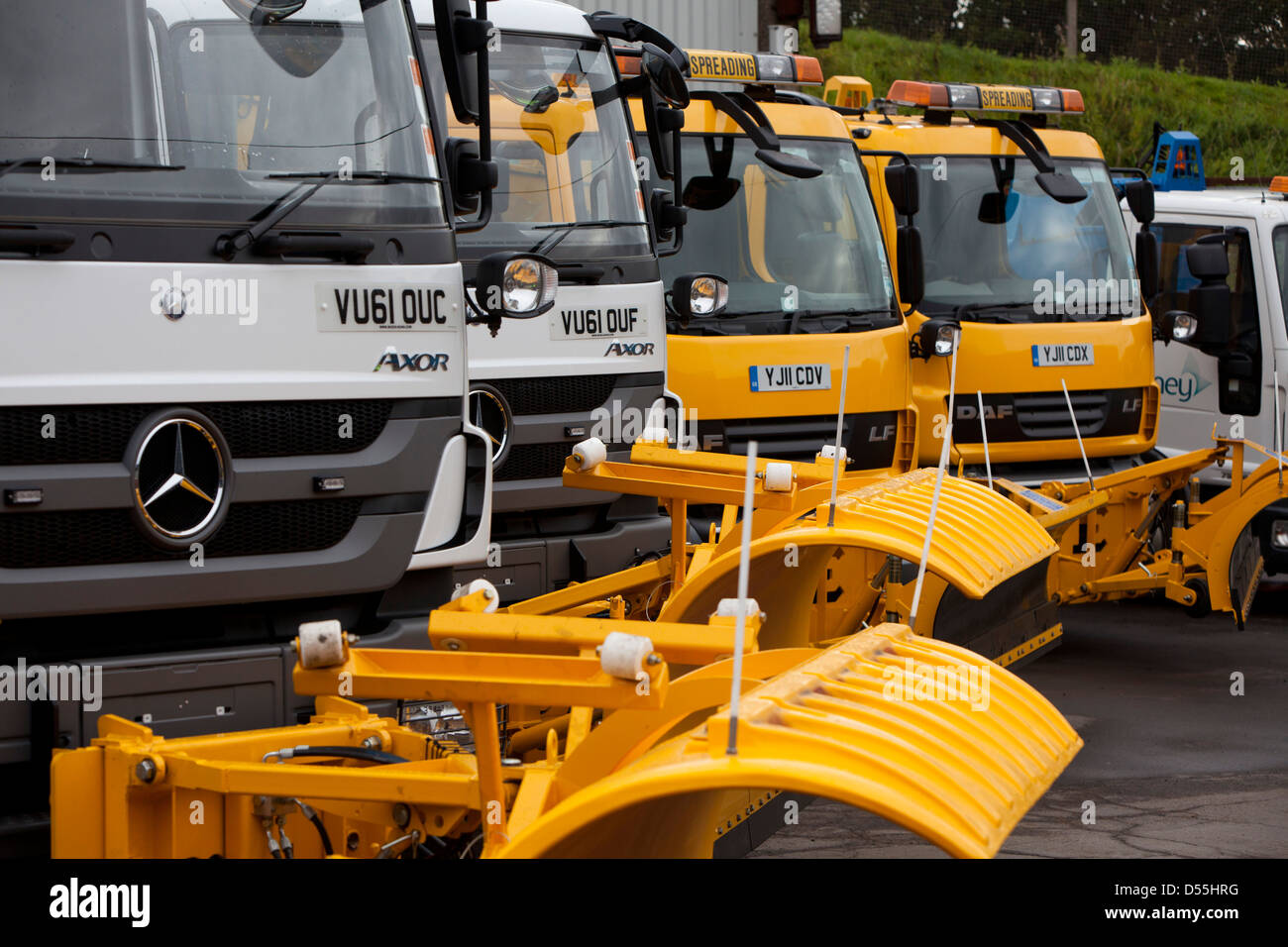 Grit trucks ready for the winter weather at the Amey depot near Coatbridge, Lanarkshire. Stock Photo