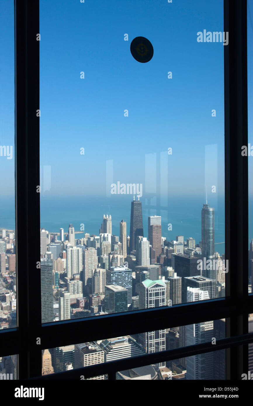 DOWNTOWN SKYLINE FROM WINDOW OF OBSERVATION DECK OF WILLIS TOWER ...