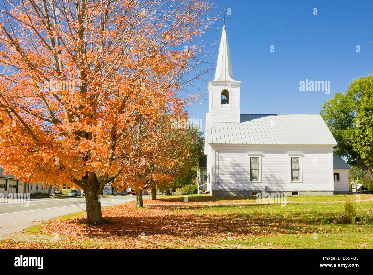 Old country church in fall Maine. Stock Photo