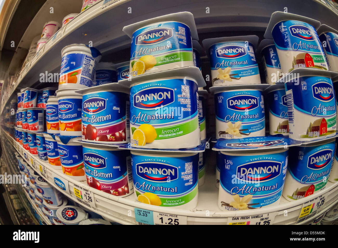 Containers of Dannon yogurt are seen on a supermarket shelf on Thursday, March 21, 2013