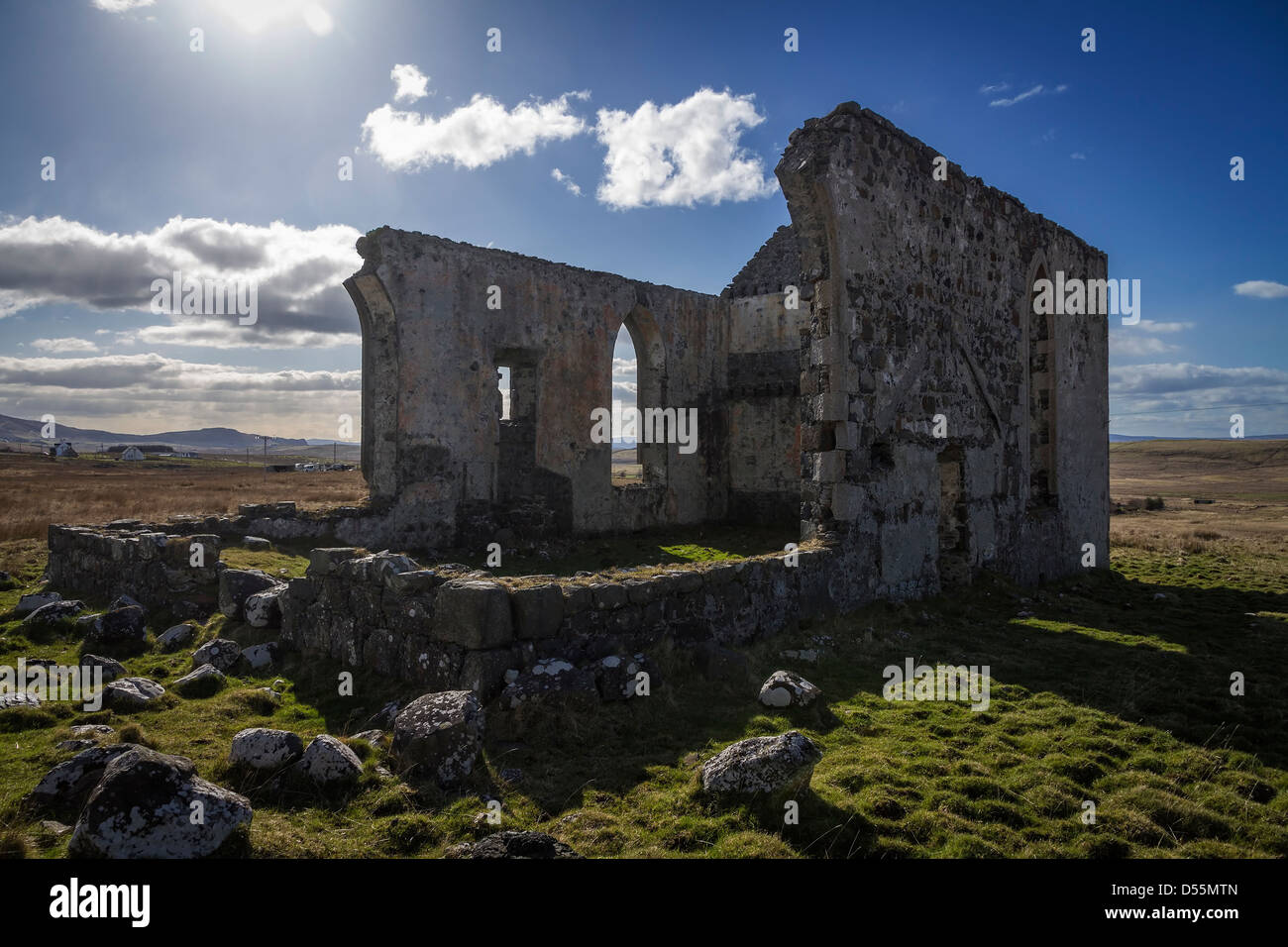 Ruins of a church at Kilmuir, Isle of Skye, Scotland. Built in1810 it fell into disrepair in the 1960's. Stock Photo