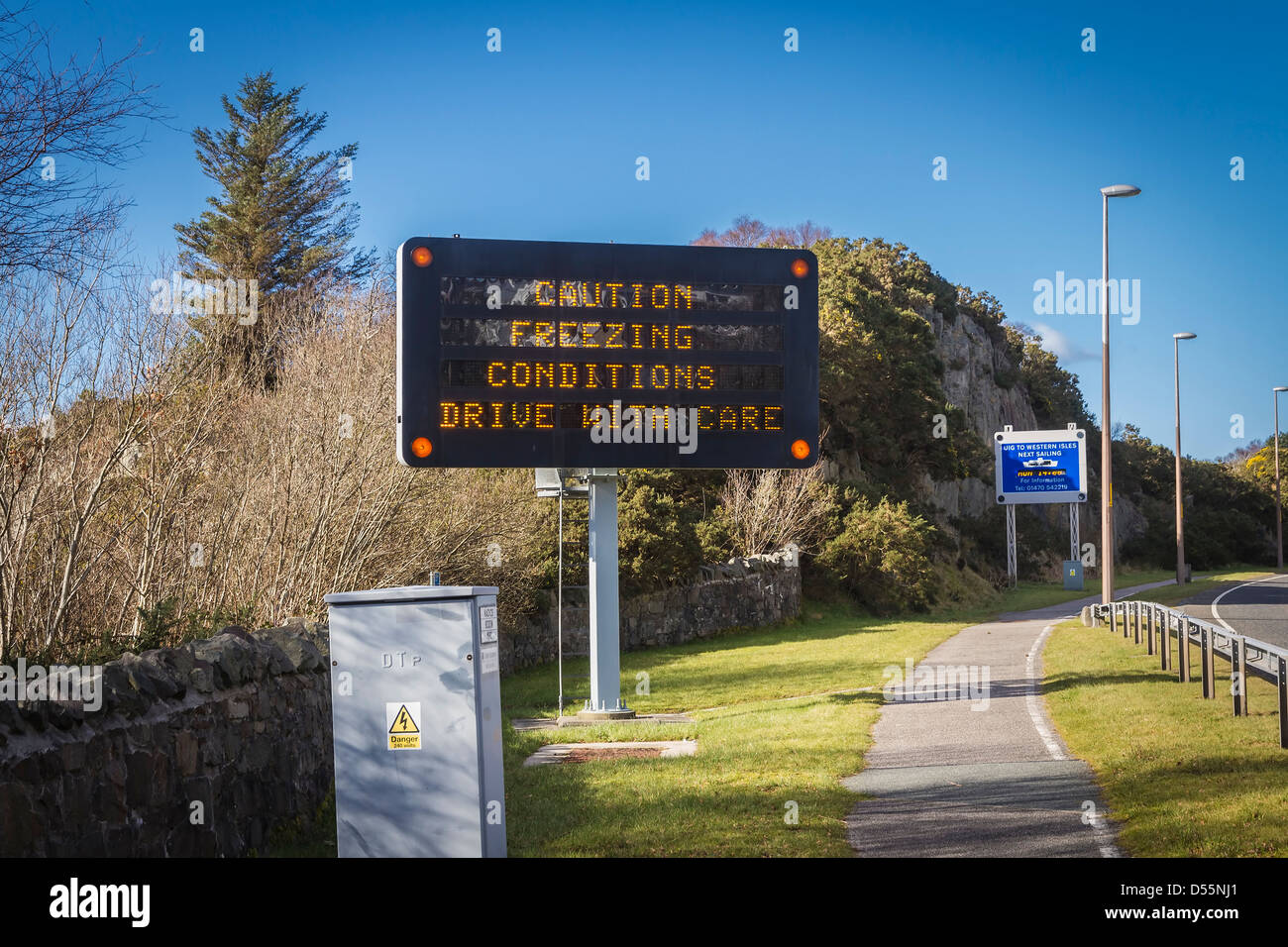 Traffic sign beside the approach road to the Skye Bridge, Kyle of Lochalsh, Western Highlands, Scotland Stock Photo