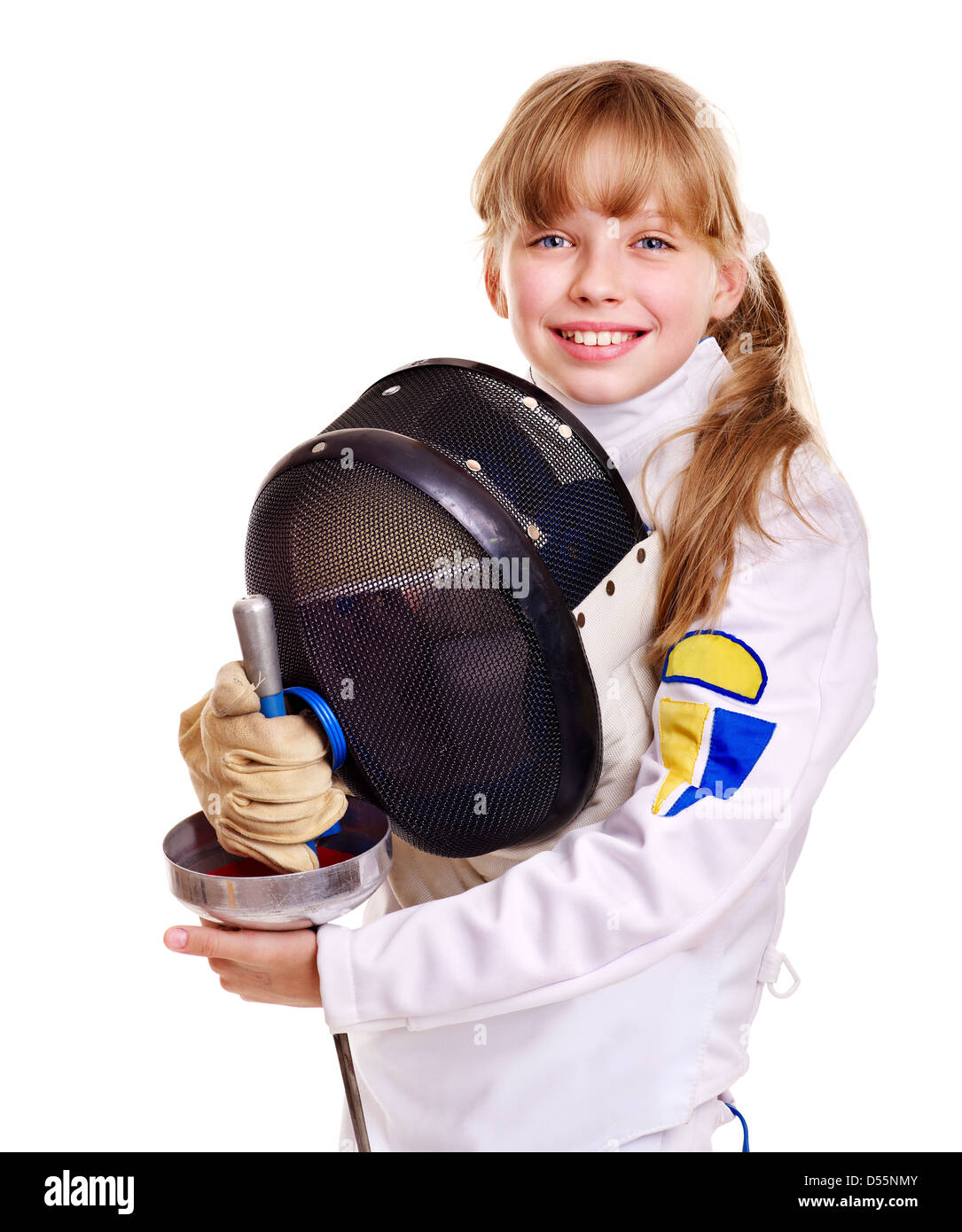 Child in fencing costume holding epee . Stock Photo