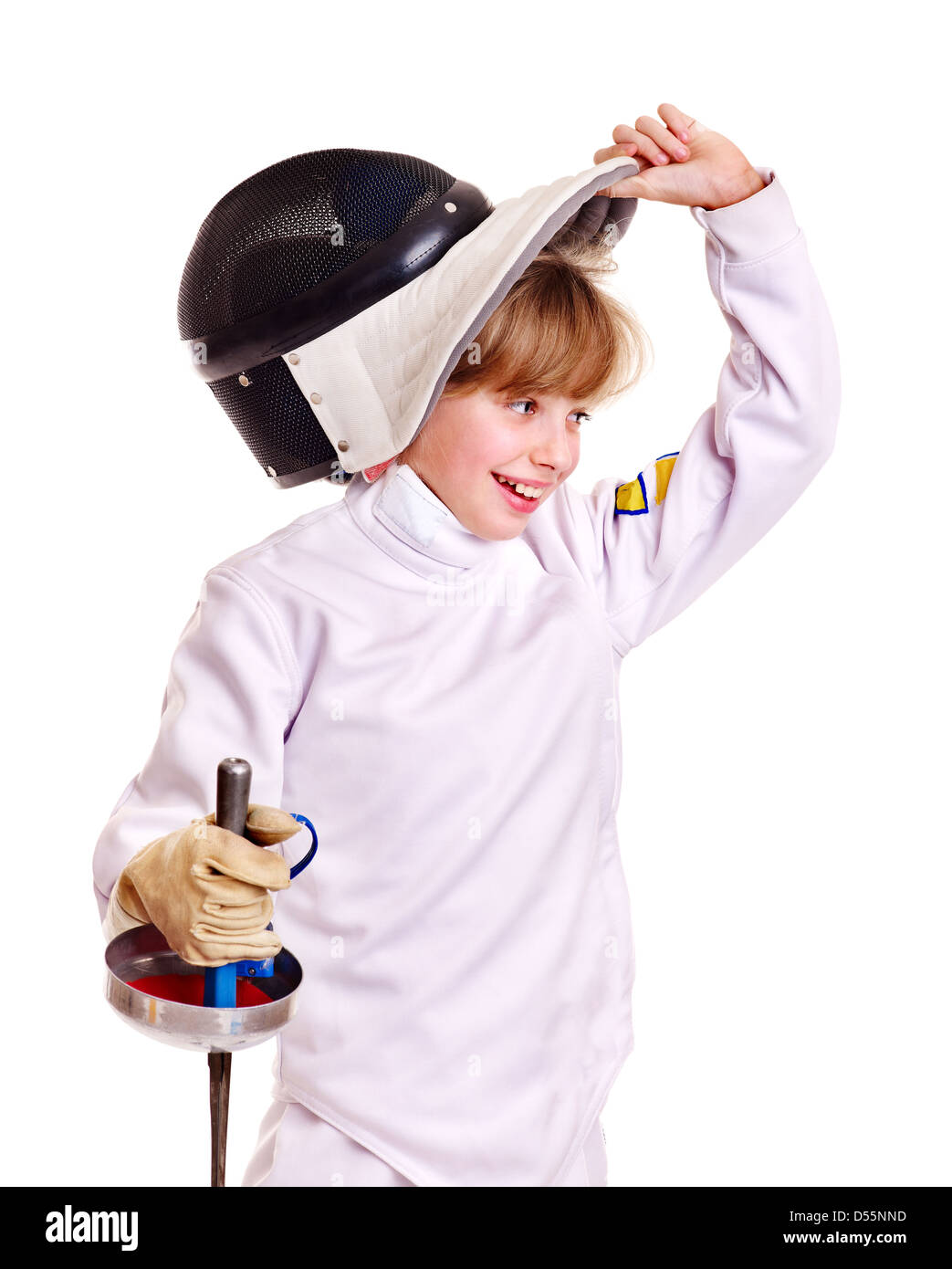 Child in fencing costume holding epee . Stock Photo
