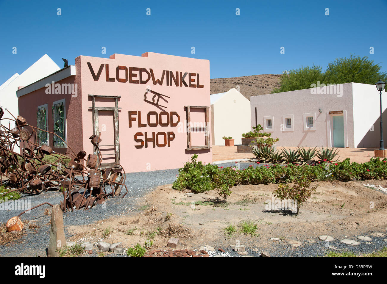 The Flood shop selling products made from flood wood in Laingsburg in the Karoo region of South Africa famous town Stock Photo