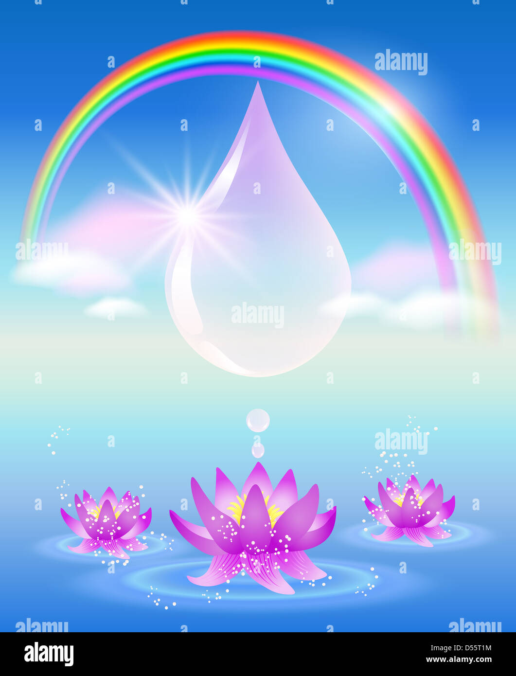 Rainbow, water drop, clouds and lilies. Symbol of clean water. Stock Photo
