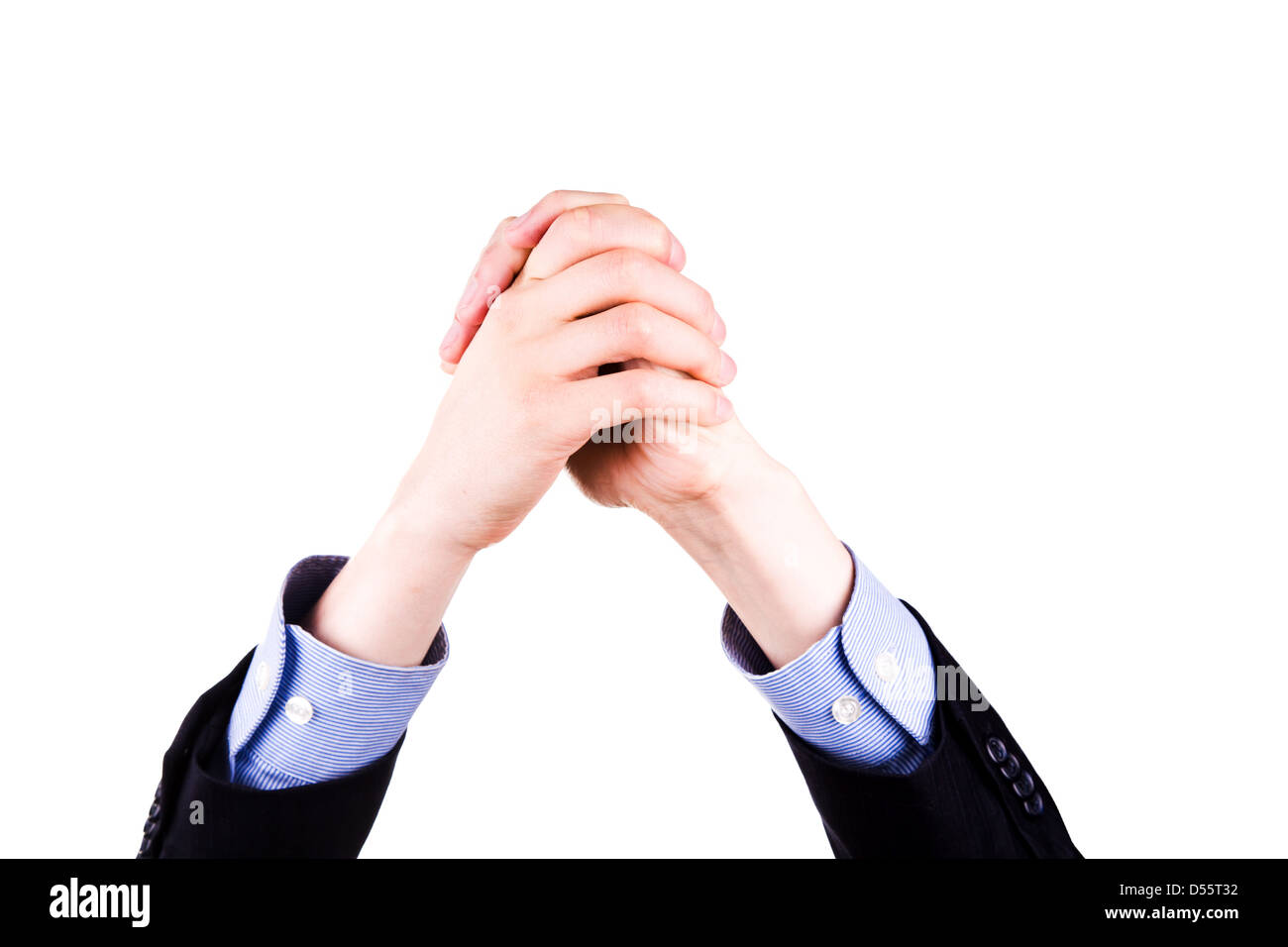 Male hands put together in achievment sign isolated on white. Success concept. Stock Photo