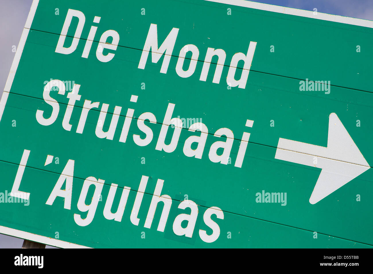 Right turn sign for Die Mond, Struisbaai and L'Agulhas.  Overburg, South Africa. Stock Photo