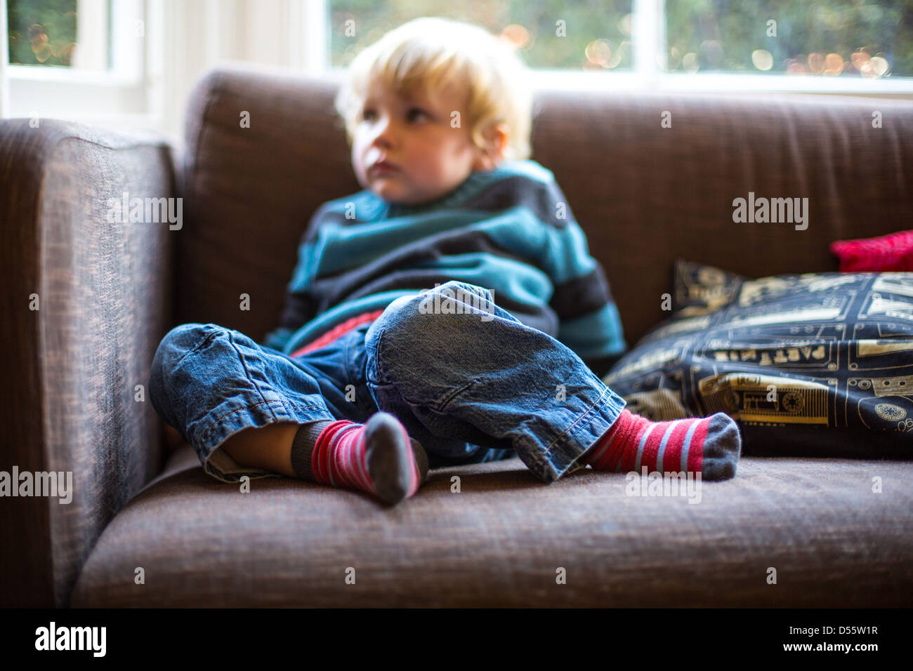 Young Boy Watching the Television Stock Photo