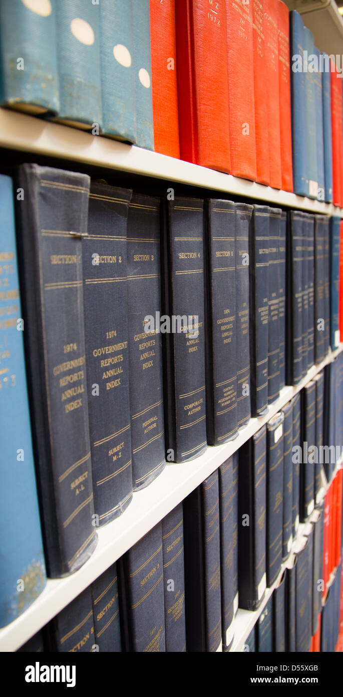 Old government texts on the shelves of the Boston Public Library. Public Documents. Stock Photo