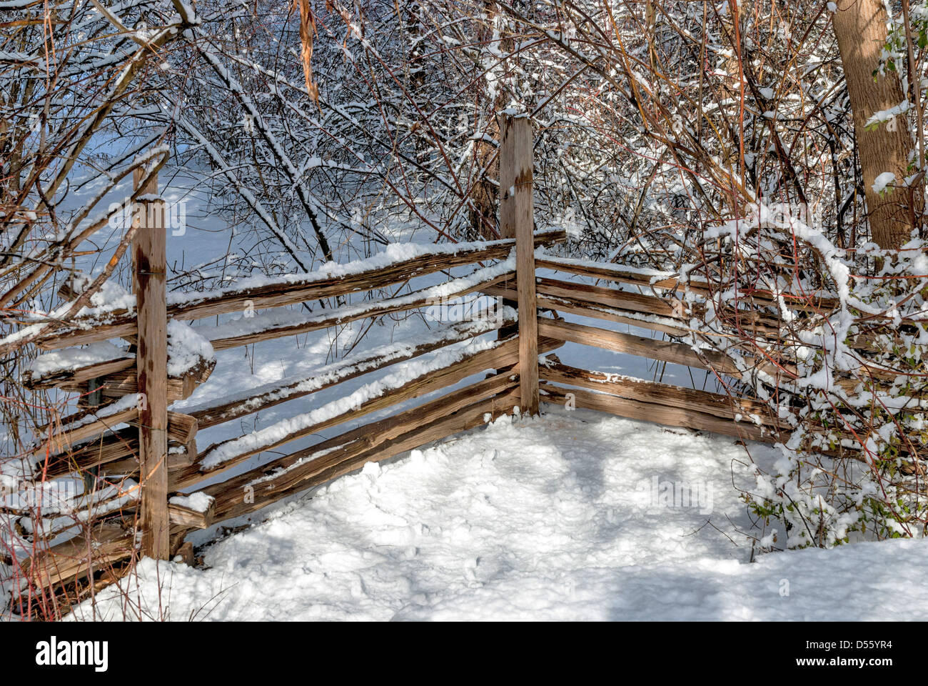 Wooden fence in the forest with snow Stock Photo - Alamy