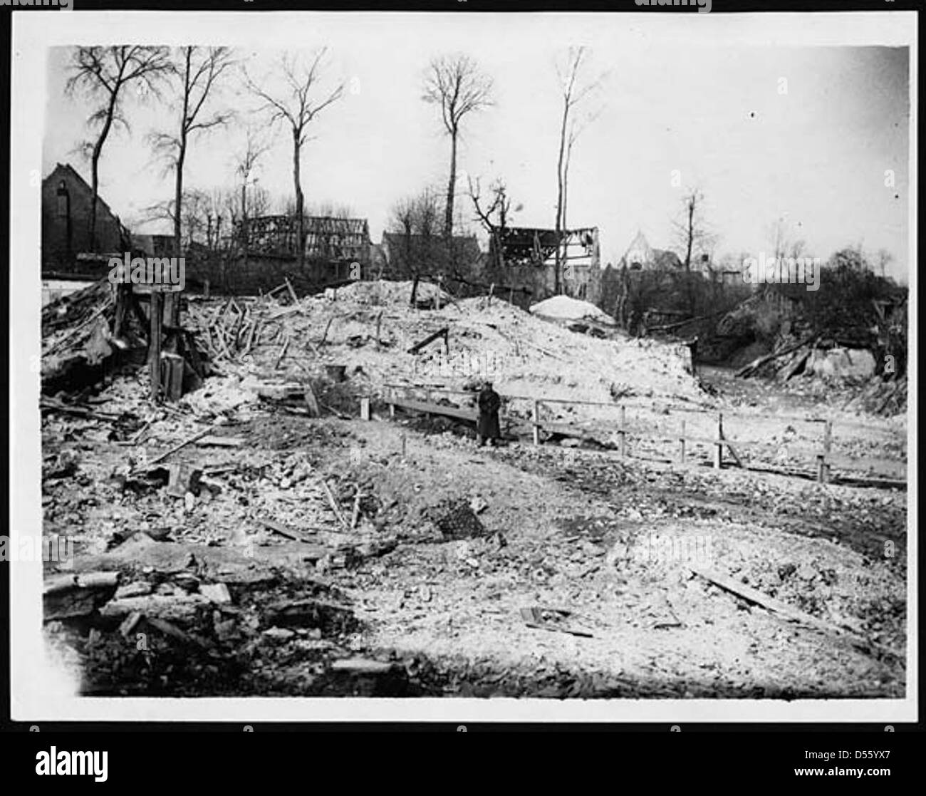 View of Courcelles showing the mine crater in centre of cross roads