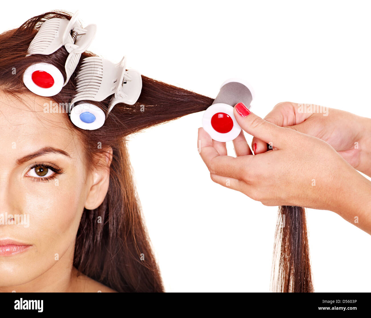 Woman wear hair curlers on head Stock Photo Alamy