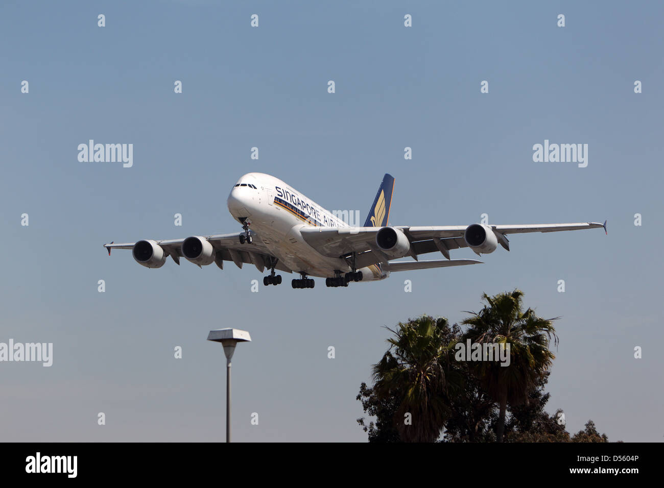 LOS ANGELES, CALIFORNIA, USA - MARCH 21, 2013 - Singapore Airlines Airbus A380-841 lands at Los Angeles Airport Stock Photo