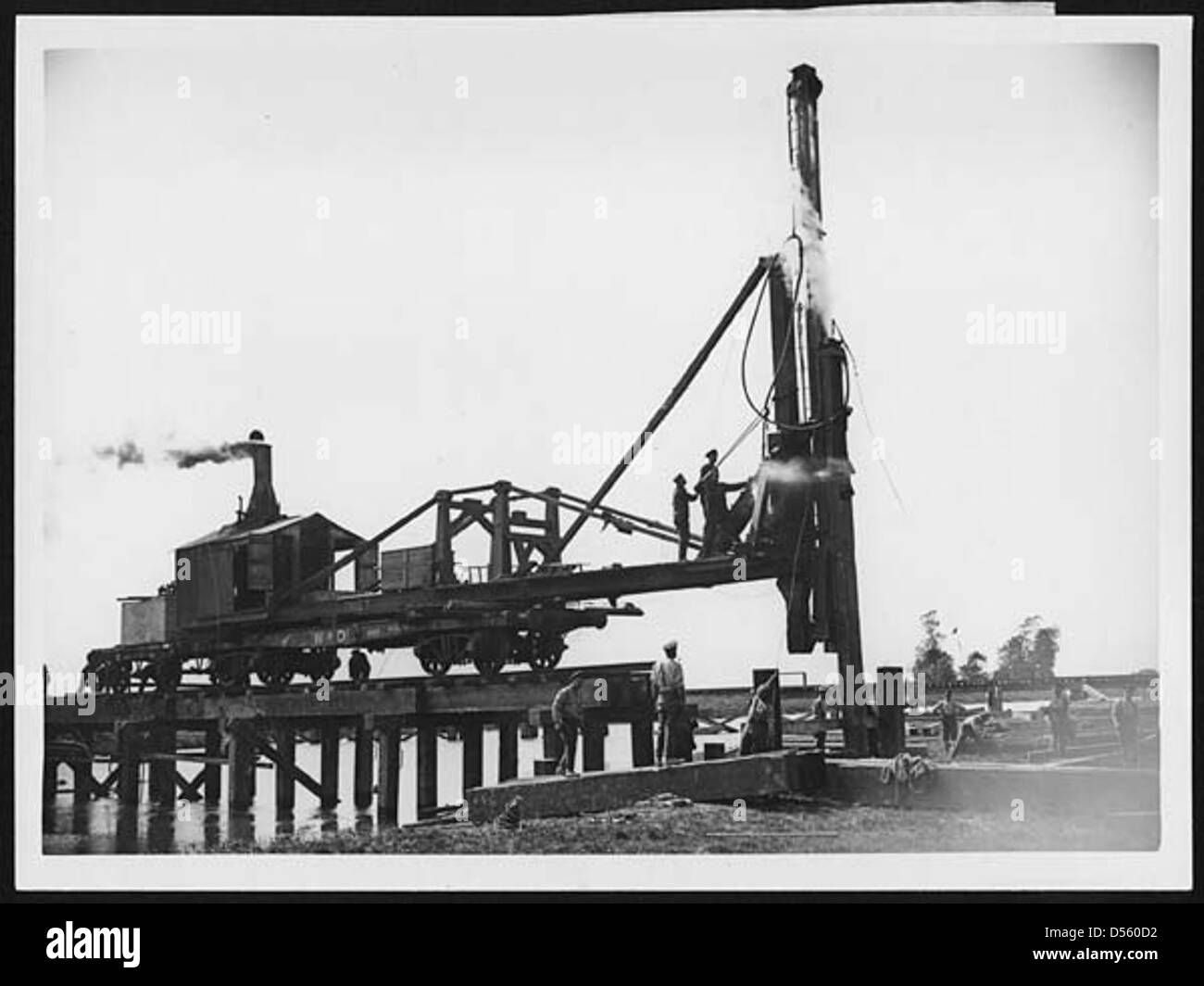 Pile-driver being used in bridge construction, France, during World War I Stock Photo
