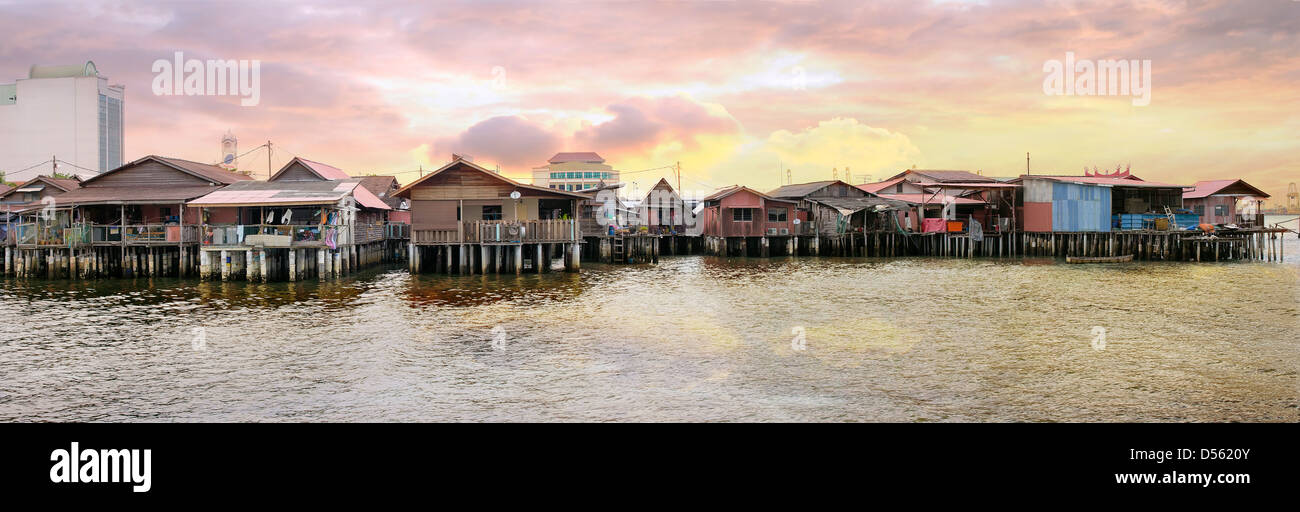 Chew Jetty Heritage Site in Penang Malaysia at Sunrise Panorama Stock Photo