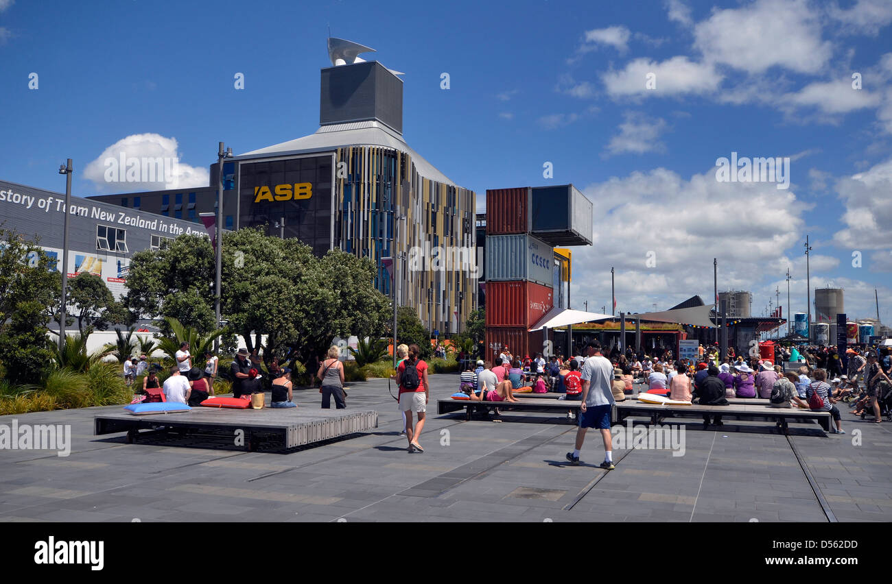 The new ASB Bank Building and pedestrian area, North Wharf, Wynyard Quarter, Auckland New Zealand Stock Photo
