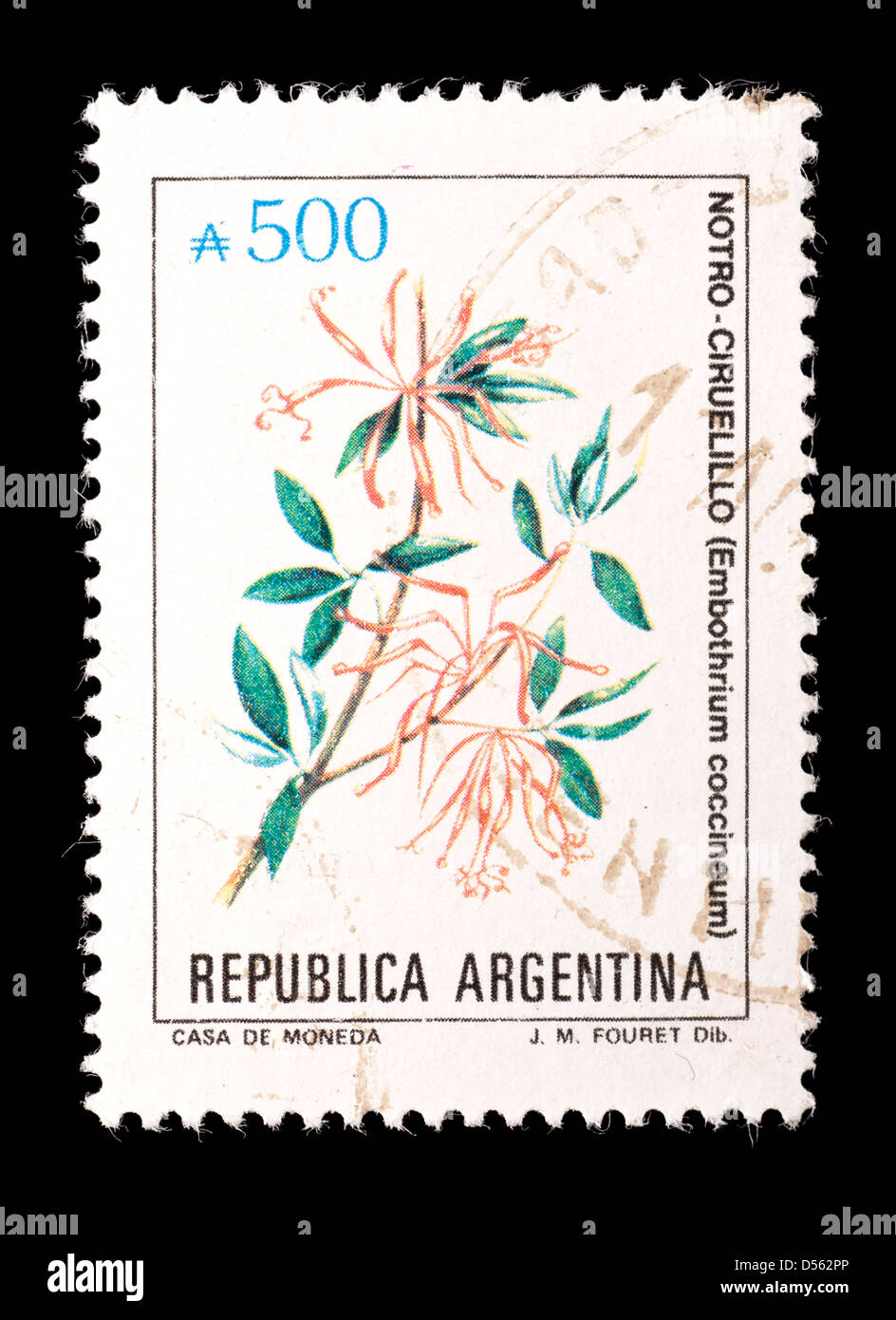 Postage stamp from Argentina depicting Chilean firebush flowers (Embotlirium coccineum) Stock Photo