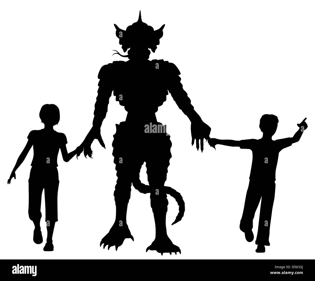 Illustrated silhouettes of two children leading a lizard monster by the hands Stock Photo