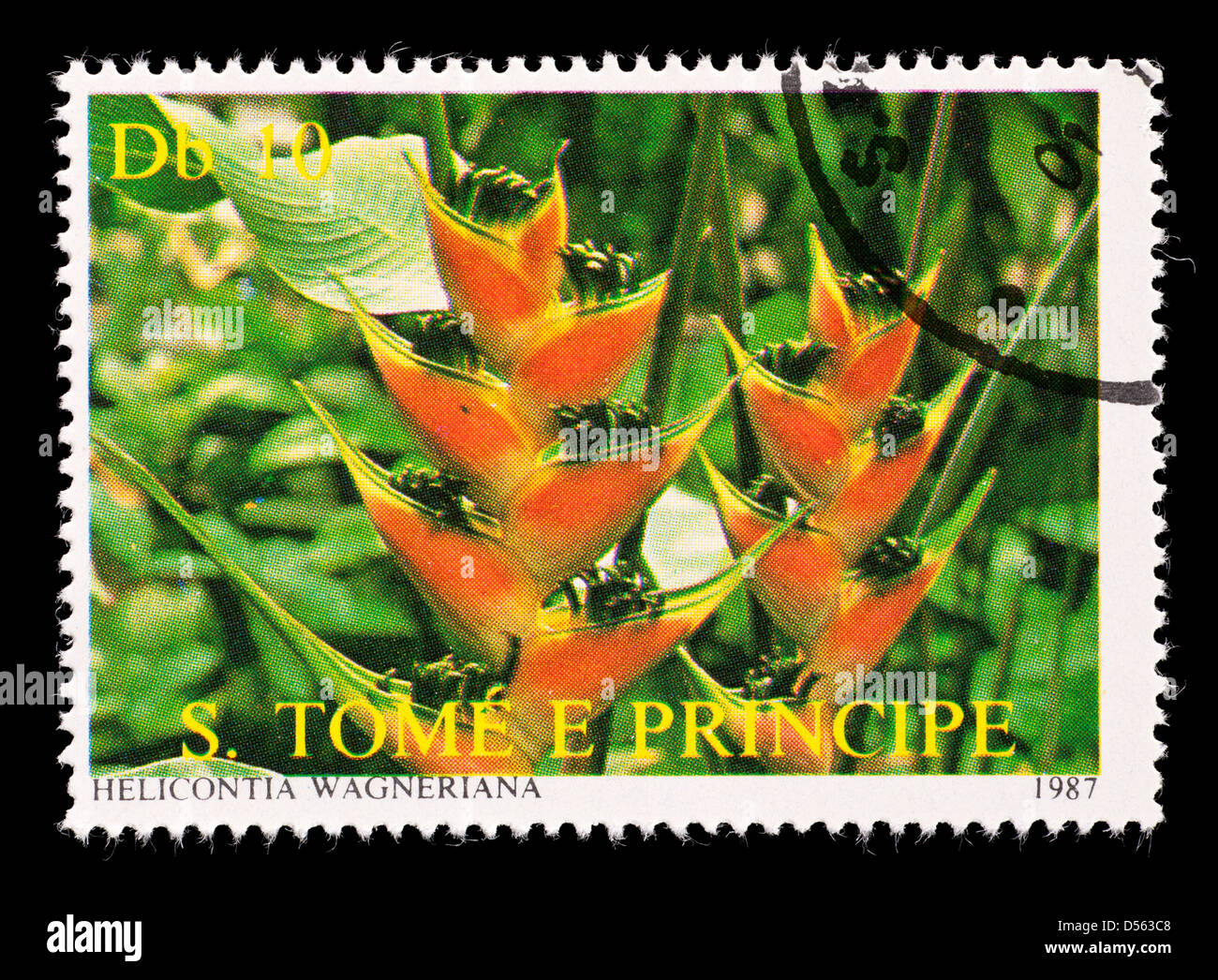 Postage stamp from Saint Thomas and Prince Islands depicting tropical heliconia flower (Helicontia Wagneriana) Stock Photo