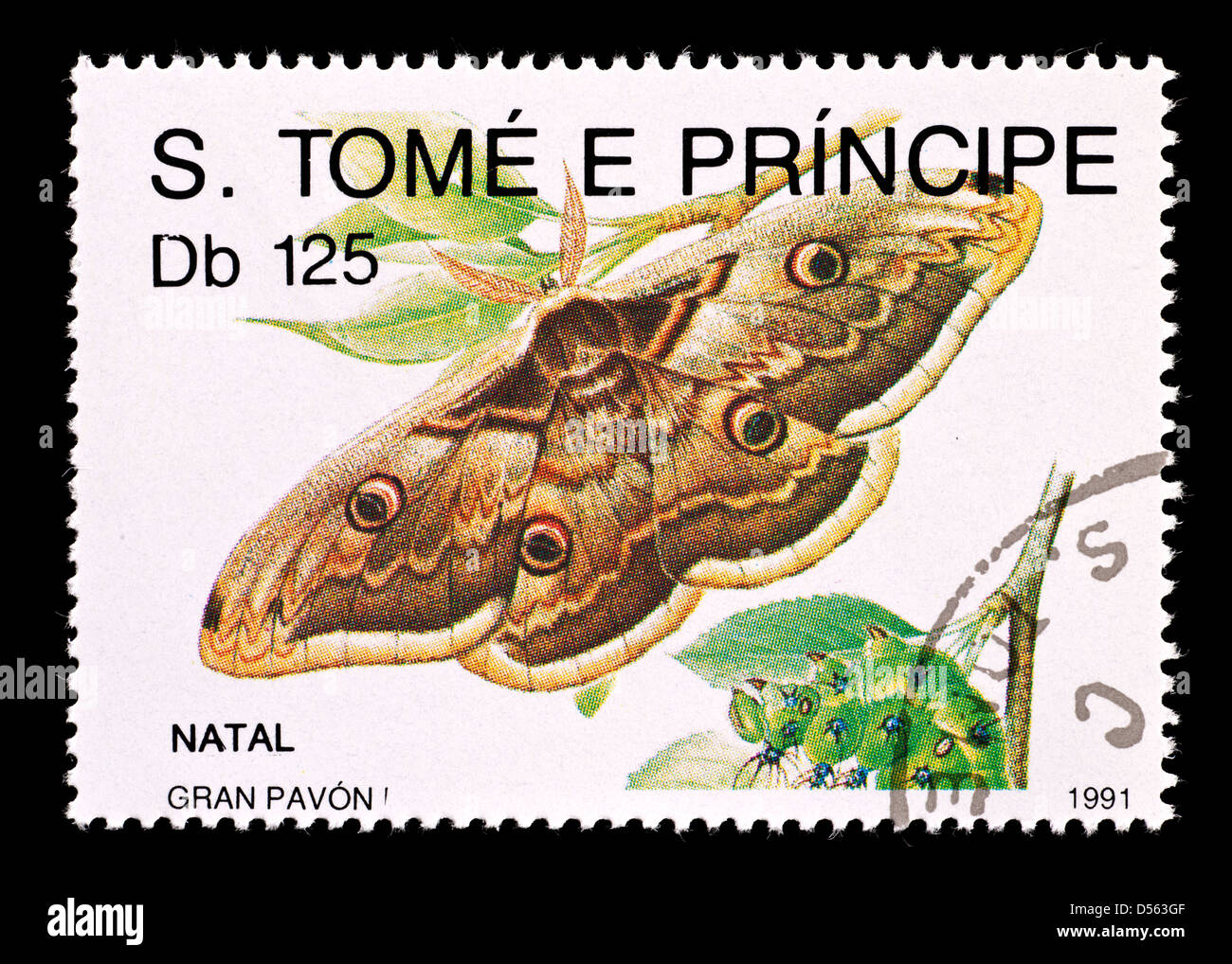 Postage stamp from Saint Thomas and Prince Islands depicting the giant peacock moth (Saturnia pyri) Stock Photo