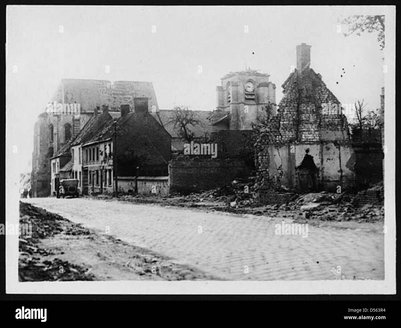 Shell damage in the village of Bray, France, during World War I Stock Photo