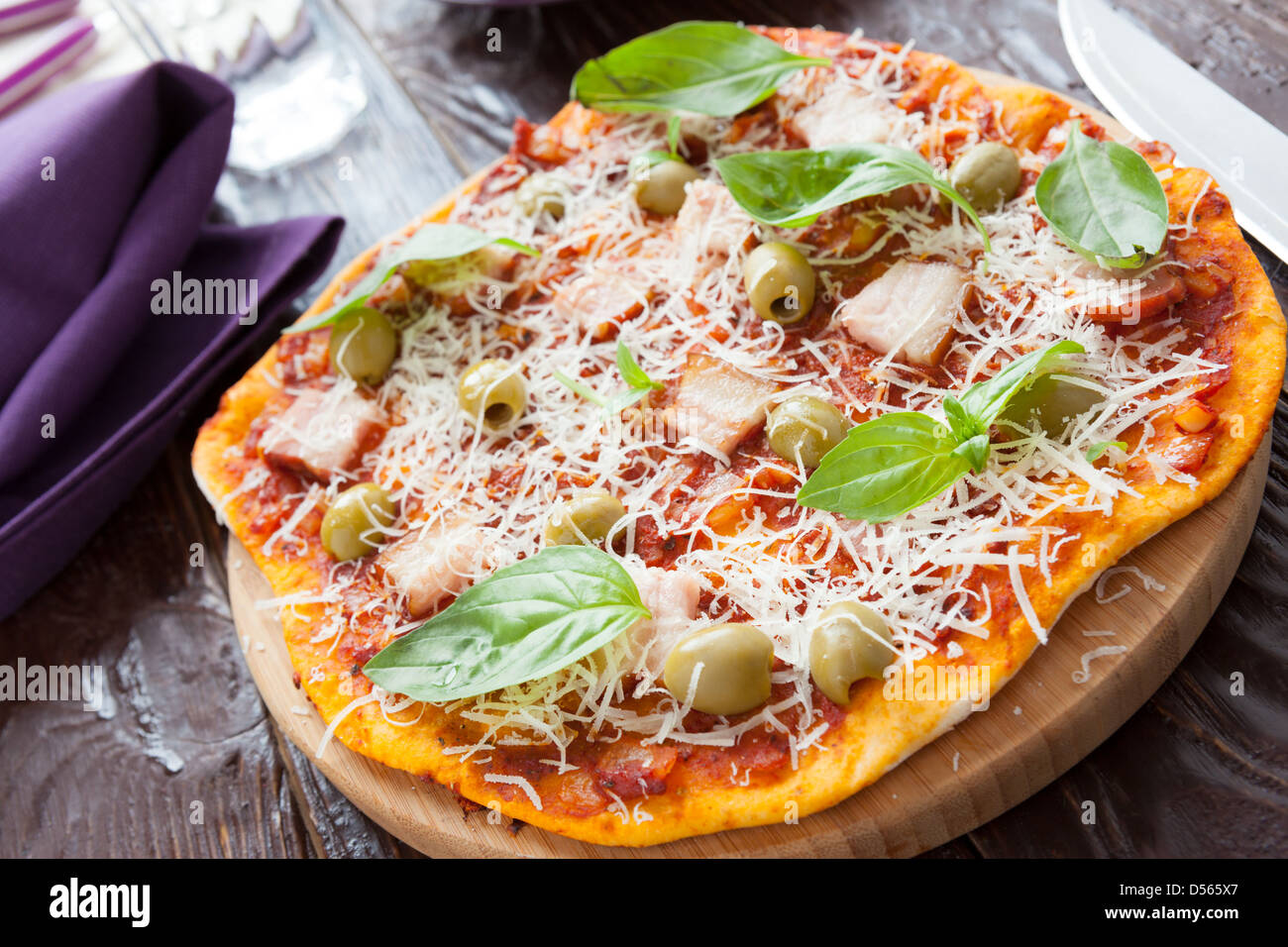 pizza with bacon and grated parmesan cheese, closeup Stock Photo Alamy