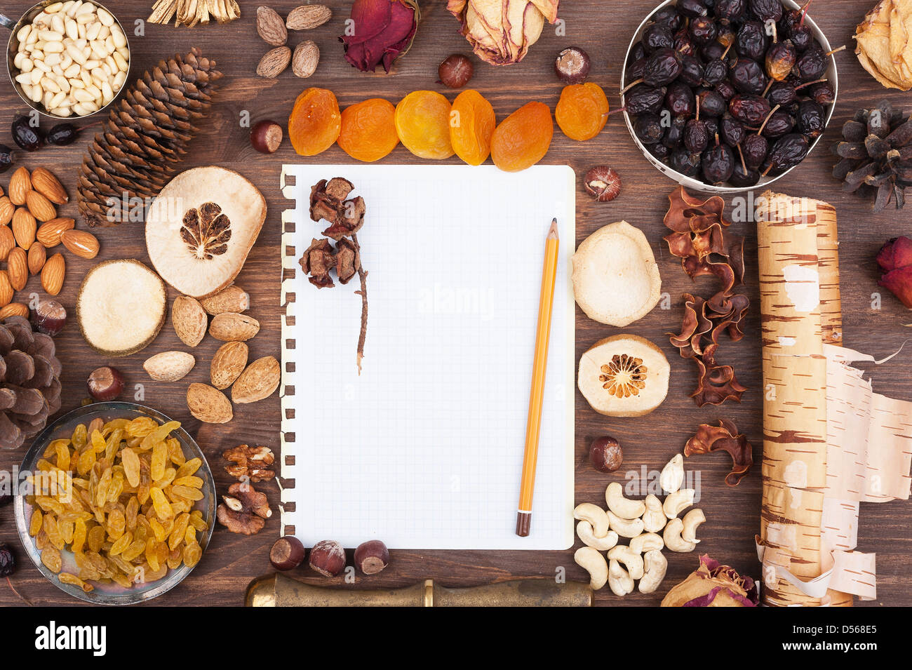 White sheet of paper with a pencil in an environment of nuts and fruits Stock Photo