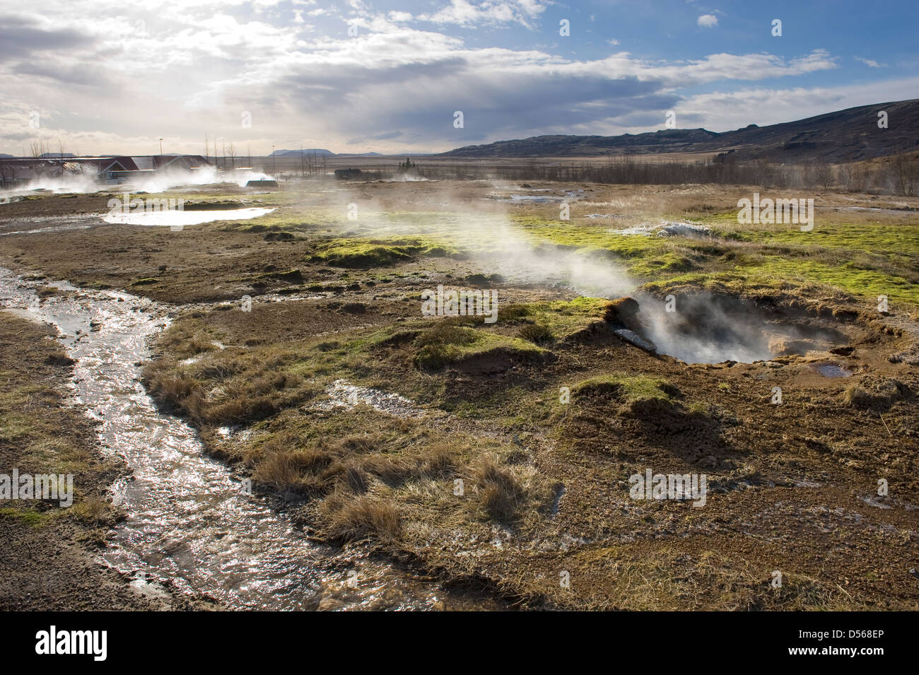 Steam coming out of a small geyser in the geysir destrict in Iceland in the winter Stock Photo