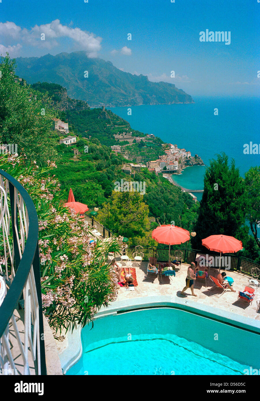 The view along the coastline towards Amalfi town from a clifftop hotel Stock Photo