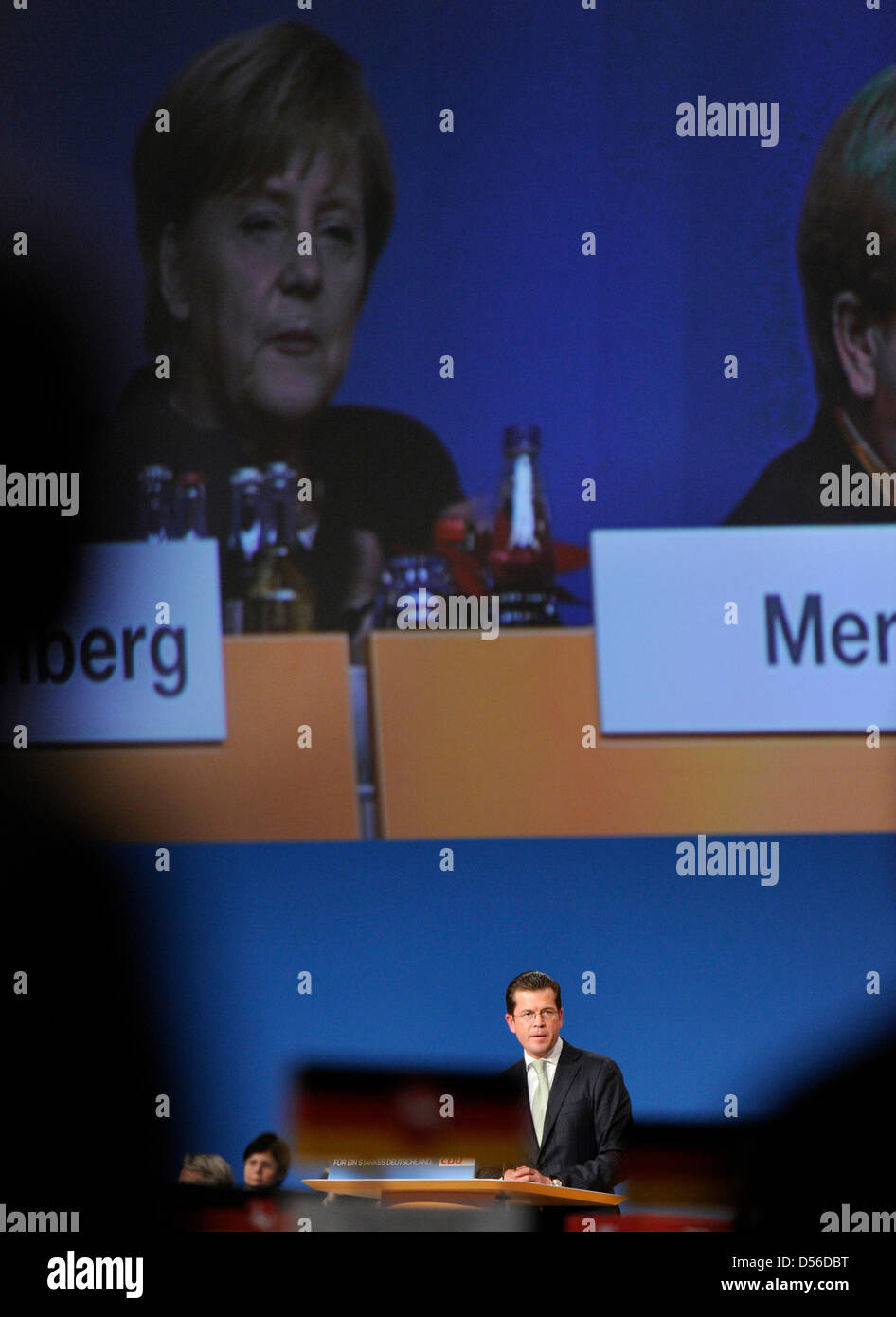 German Minister of Defence Karl-Theodor zu Guttenberg holds a speech at the CDU annual party convention in Karlsruhe, Germany, 15 November 2010. Central topics of the two-day convention are PID diagnostics, issues concerning integration, reforms of the German Bundeswehr and the election of the party board. Photo: Uli Deck Stock Photo