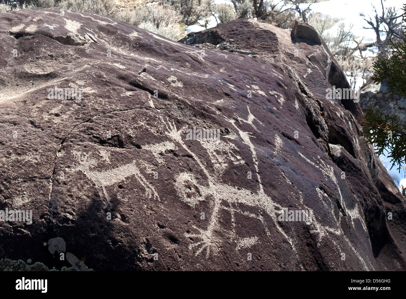 View of petroglyphs carved into rock at the Río Grande del Norte National Monument north of Taos, New Mexico near the Colorado border. The Monument includes approximately 242,500 acres of public land. President Barack Obama designated Río Grande del Norte a National Monument March 25, 2013. Stock Photo