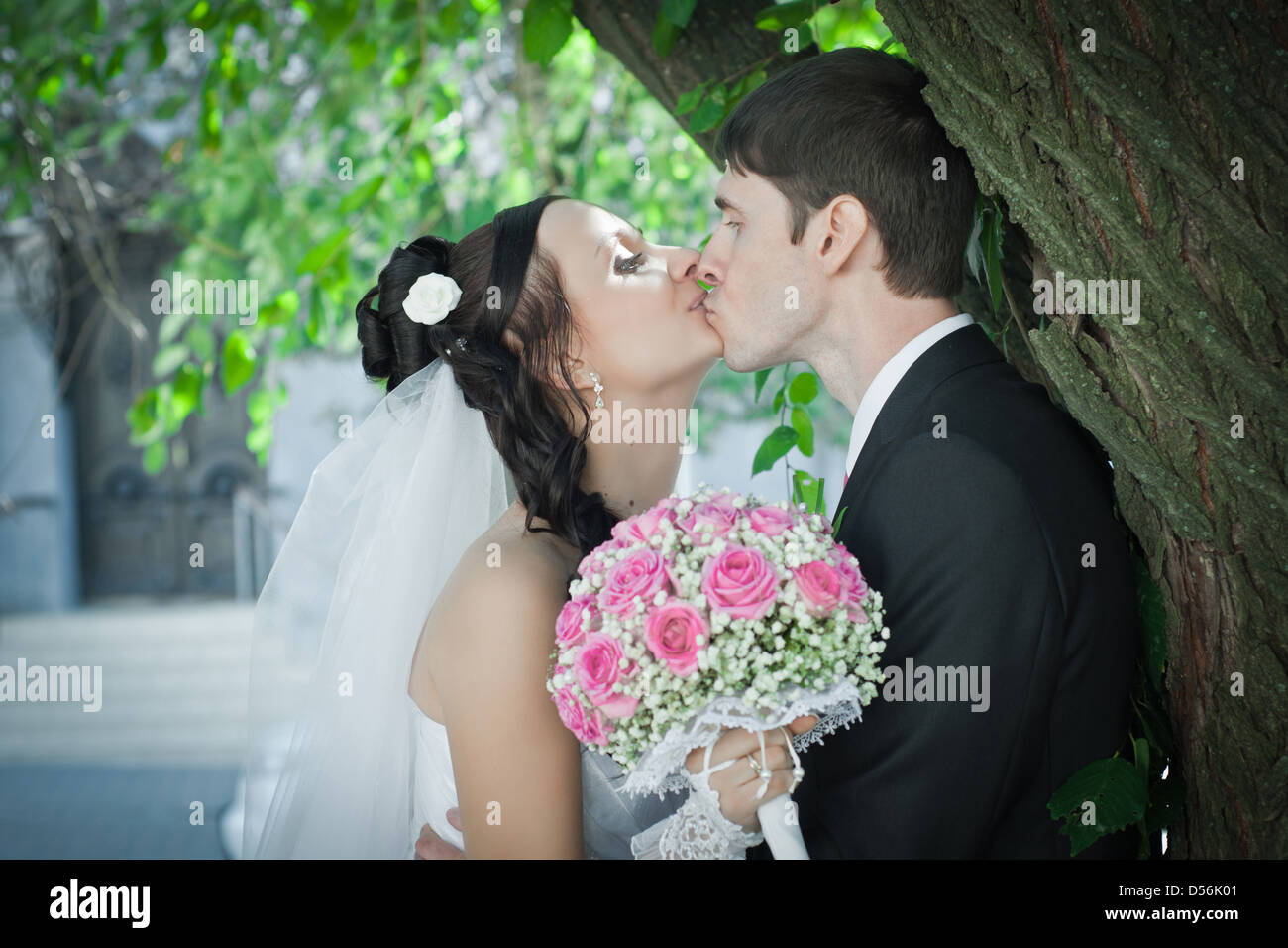 Bride groom standing under tree hi-res stock photography and images - Alamy