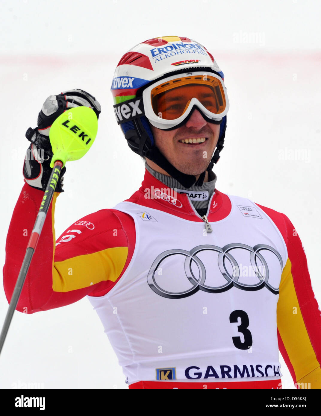 Germany's Felix Neureuther cheers over his victory at the finish line during World Cup Finals in Slalom in Garmisch-Partenkirchen, Germany, 13 March 2010. Photo: PETER KNEFFEL Stock Photo