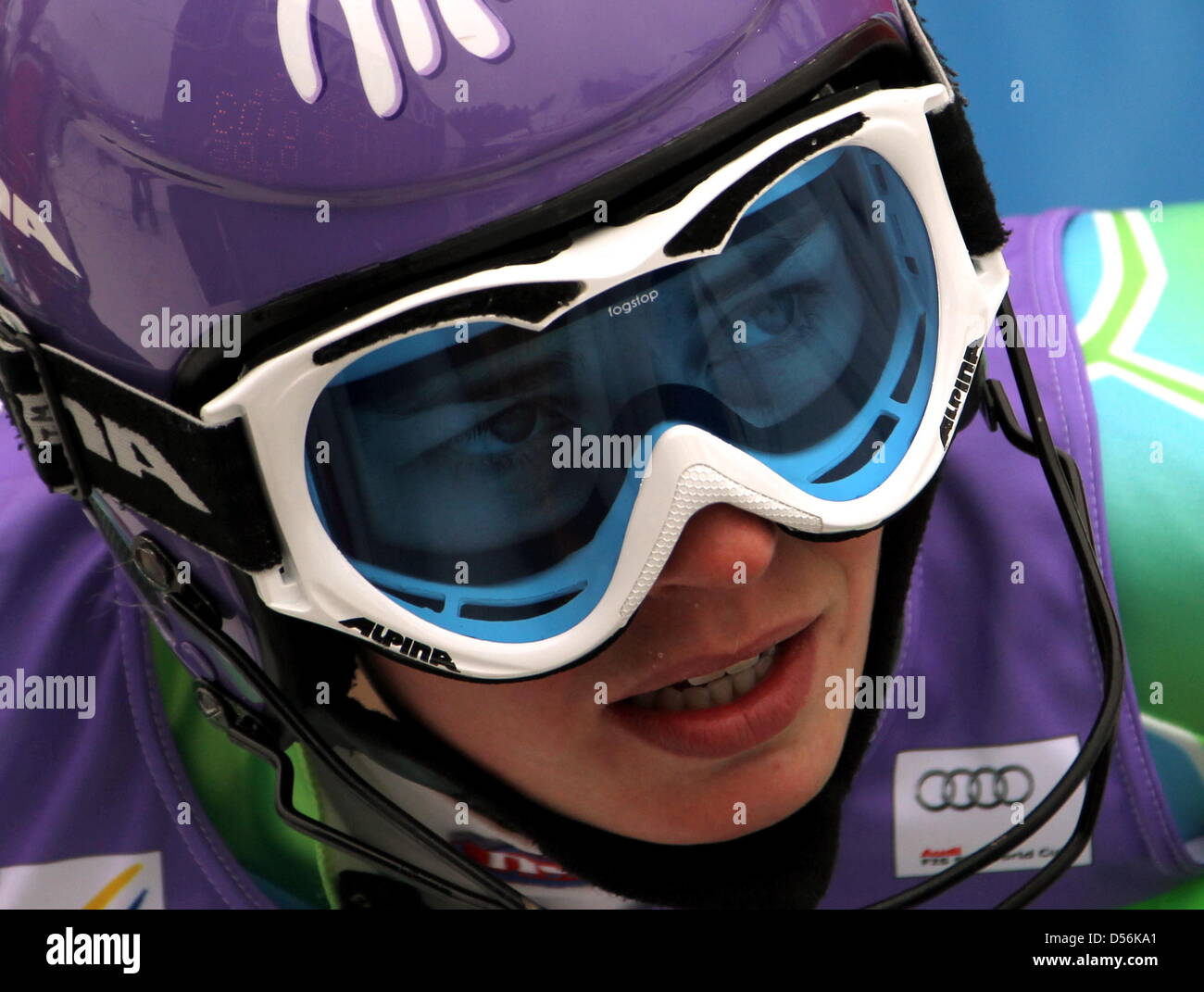 Slovania's Tina Maze reacts in the finish area during the World Cup Slalom in Garmisch-Partenkirchen, Germany, 13 March 2010. Photo: Stephan Jansen Stock Photo