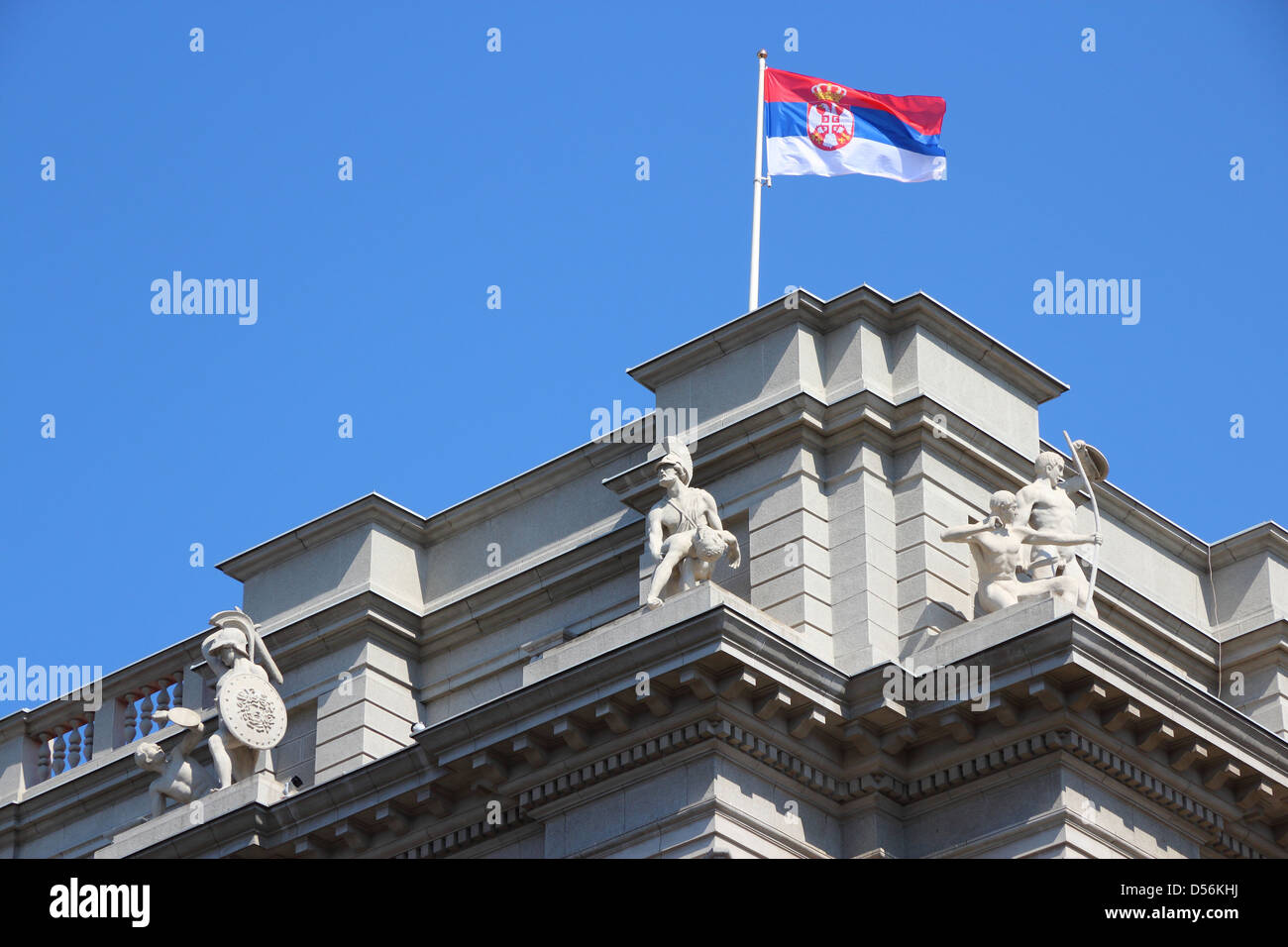 Belgrade, Serbia - governmental building with Serbian flag on the wind Stock Photo