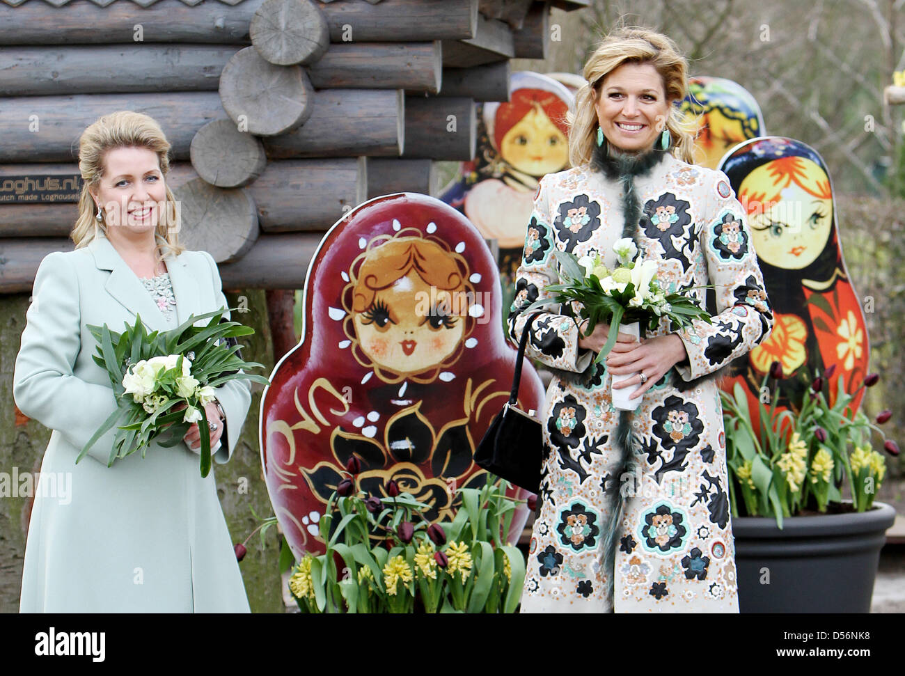 Princess Maxima of the Netherlands (R) and Russian First Lady Svetlana Medvedeva attend the season opening of the International flower exhibition 'De Keukenhof' in Lisse, Netherlands, 17 March 2010. The theme of this year's exhibition is 'From Russia with Love'. Photo: Patrick van Katwijk Stock Photo