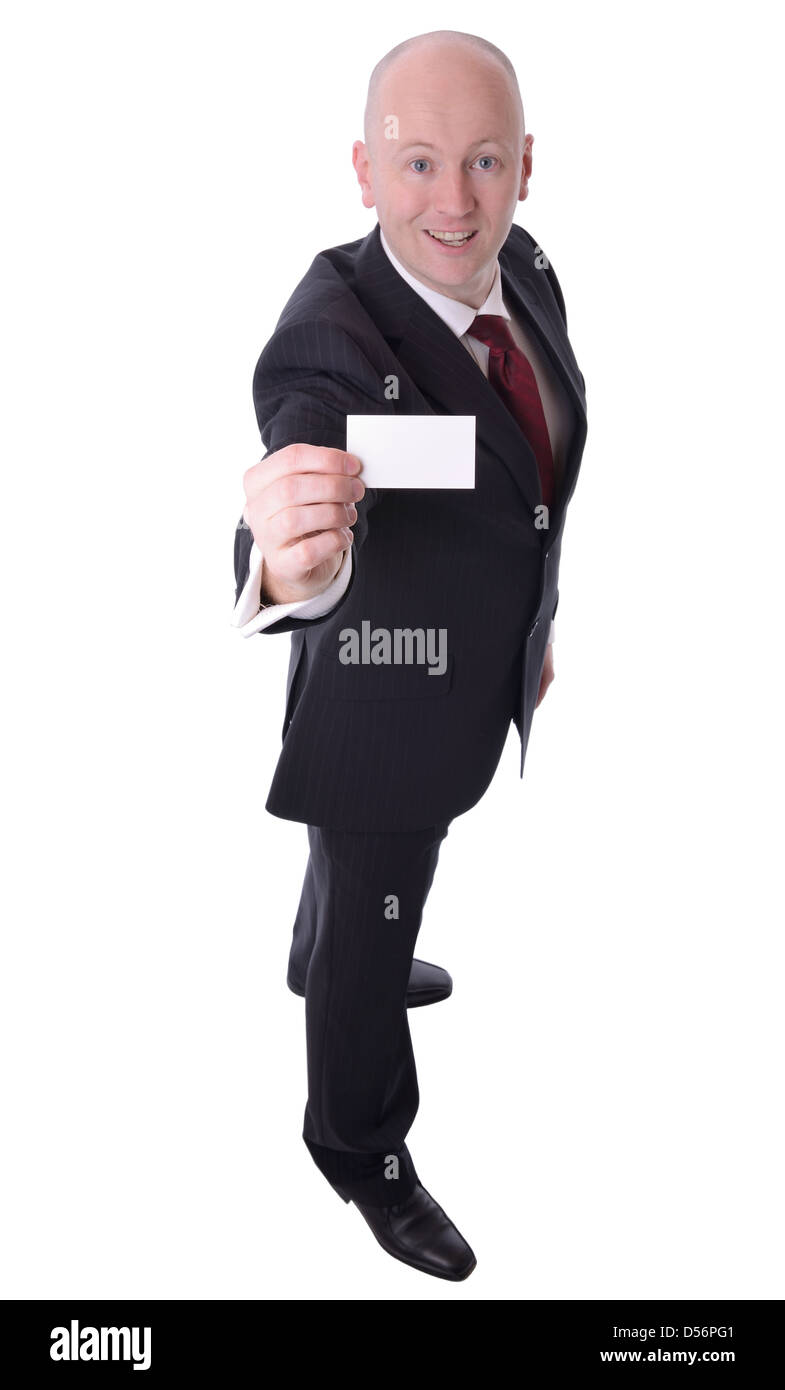 businessman holding up calling card with copy space isolated on white focus on card Stock Photo