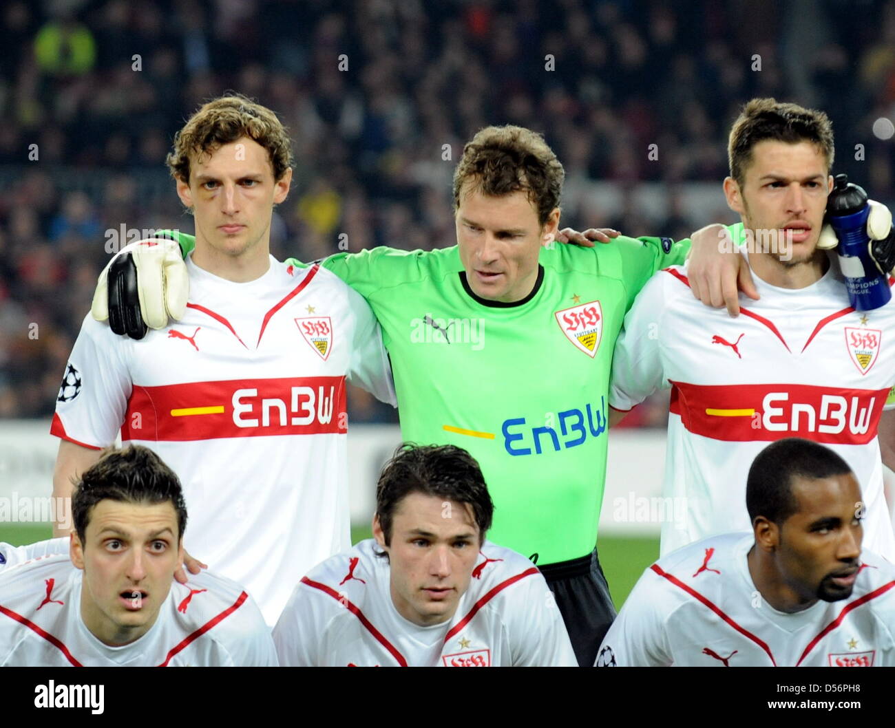 Stuttgart's starting line-up ahead of during UEFA Champions League round of 16 match FC Barcelona vs VfB Stuttgart at Camp Nou stadium of Barcelona, Spain, 17 March 2010. (top row L-R) Georg Niedermeier, Jens Lehmann, Matthieu Delpierre, (bottom row L-R) Zdravko Kuzmanovic, Christian Traesch and Cacau. Barcelona thrashed Stuttgart 4-0 in the second leg and moves up to quarter-final Stock Photo