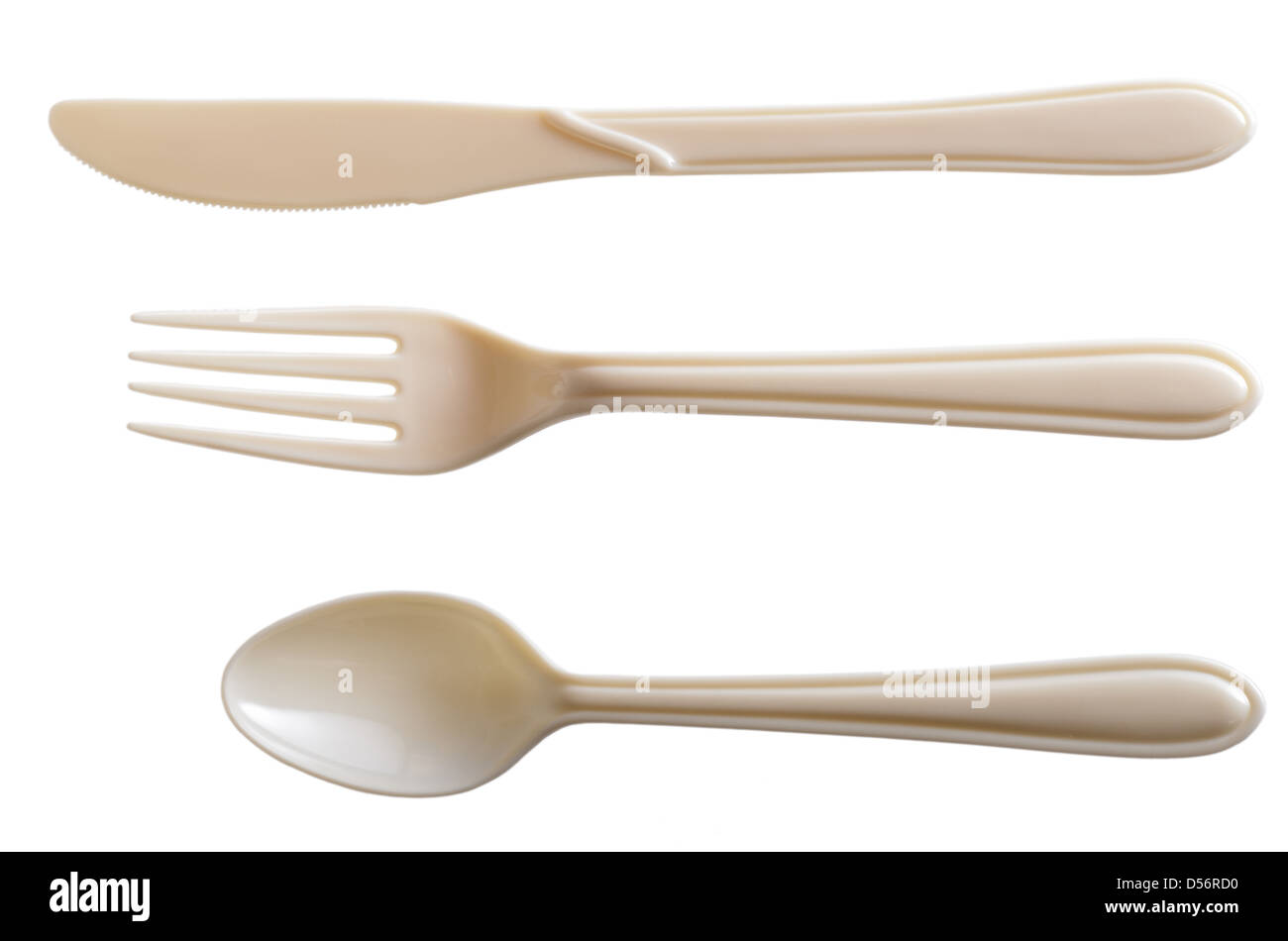 off white set off plastic knife, spoon and fork isolated on white background Stock Photo