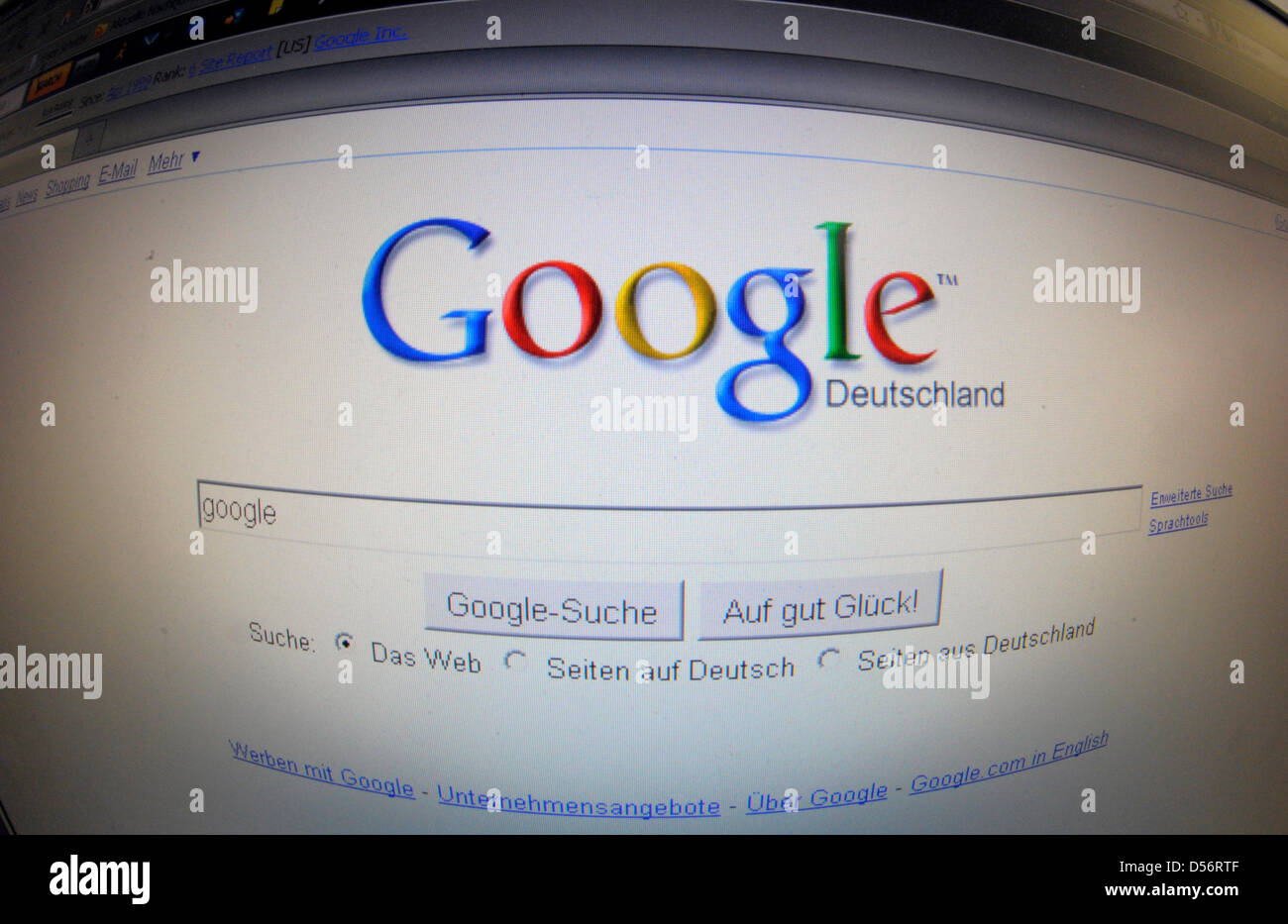 The picture shows the webpage of Google Germany in Berlin, Germany, 19 March 2010. Google has started its real-time search around the globe. Messages of Twitter, blog entries and status messages of social networks will appear as search results seconds after their publication, as Google announced in Hamburg. Photo: Soeren Stache Stock Photo