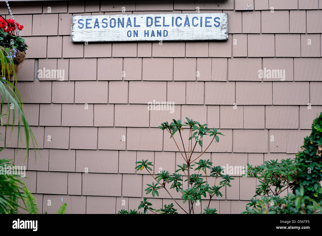 Seasonal delicacies wooden sign, Bob Morris' Beach café, Malibu Beach, California, United States of America Stock Photo