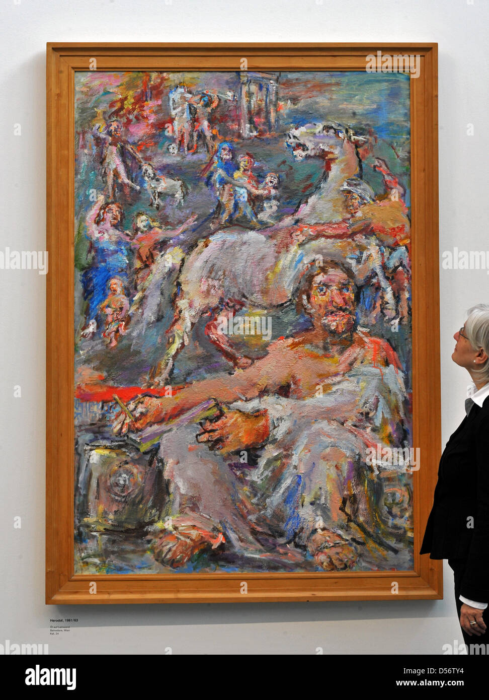 A man eyes the work 'Herodotus' (1960-63) by Austrian artist Oskar Kokoschka (1886-1980) at Moritzburg Museum in Halle Saale, Germany, 26 March 2010. The exhibition 'Oskar Kokoschka's Ancient World. An European Vision of the Modern' themes the Austrian expresionist's late work that intensively deals with the Ancient Greek culture. Photo: HENDRIK SCHMIDT Stock Photo