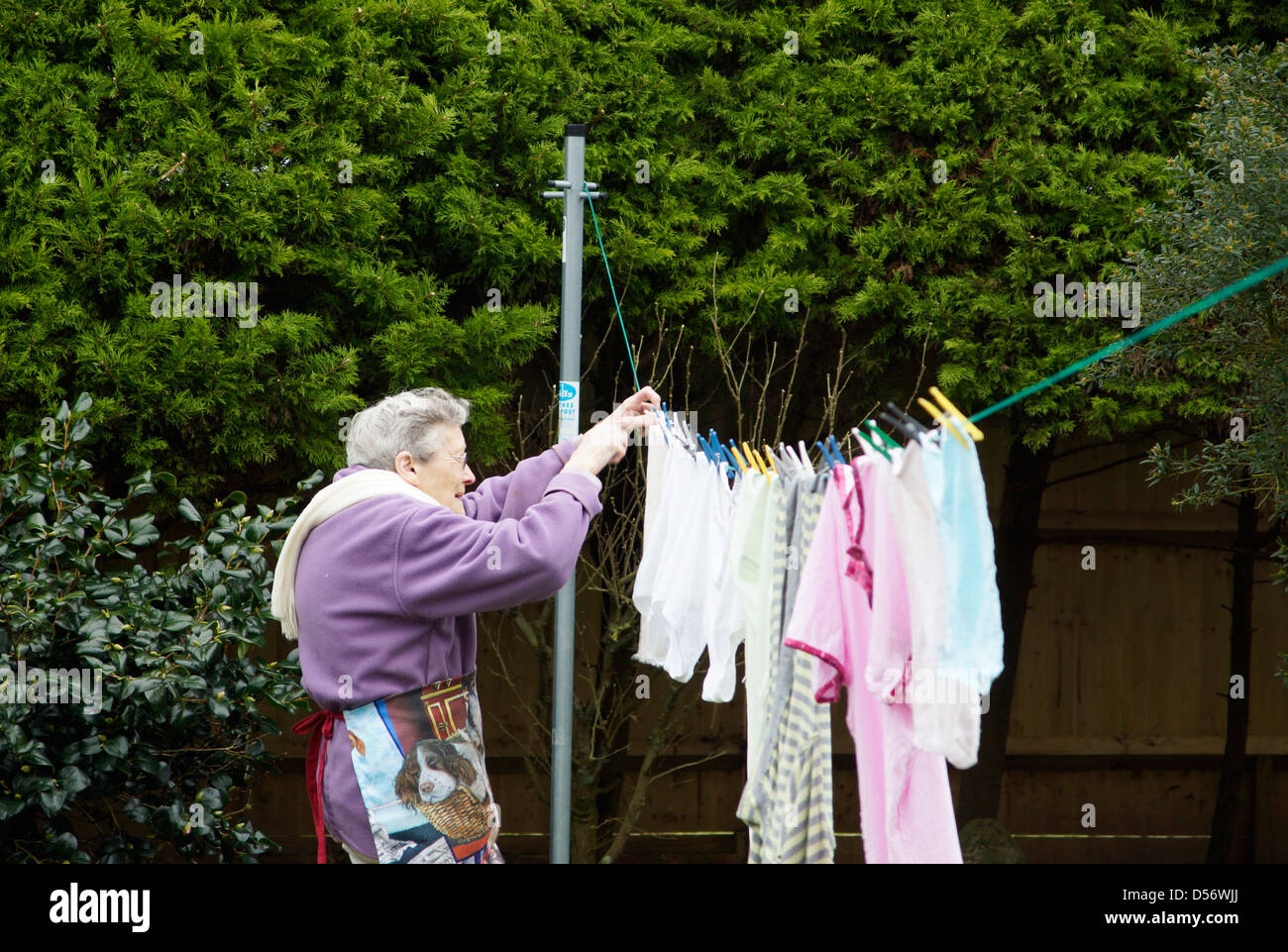 Elderly woman hanging out washed clothes for natural drying in the garden on a windy day Stock Photo