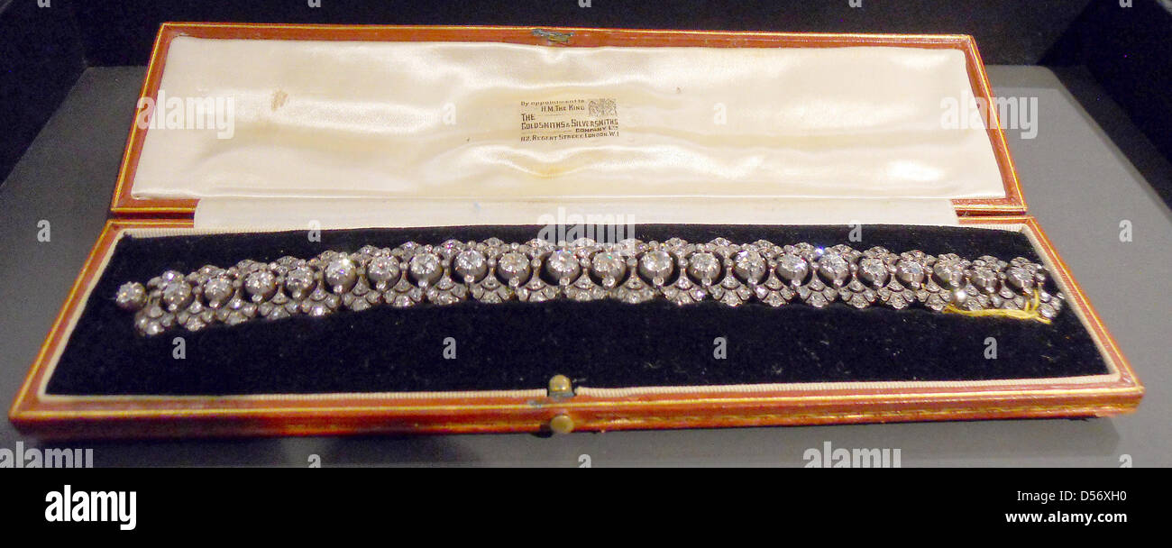 A diamond bracelet of Gudrun Wagner, second wife of long-time Bayreuth Festival director Wolfgang Wagner, pictured in Anmsterdam, the Netherlands, 29 March 2010. Ten days after Wolfgang Wagner passed away, the diamond bracelet of his second wife Gudrun Wagner will be auctioned at Christie's on unreleased behalf. The piece is worth an estimated 10,000 to 15,000 Euro. Gudrun wagner m Stock Photo