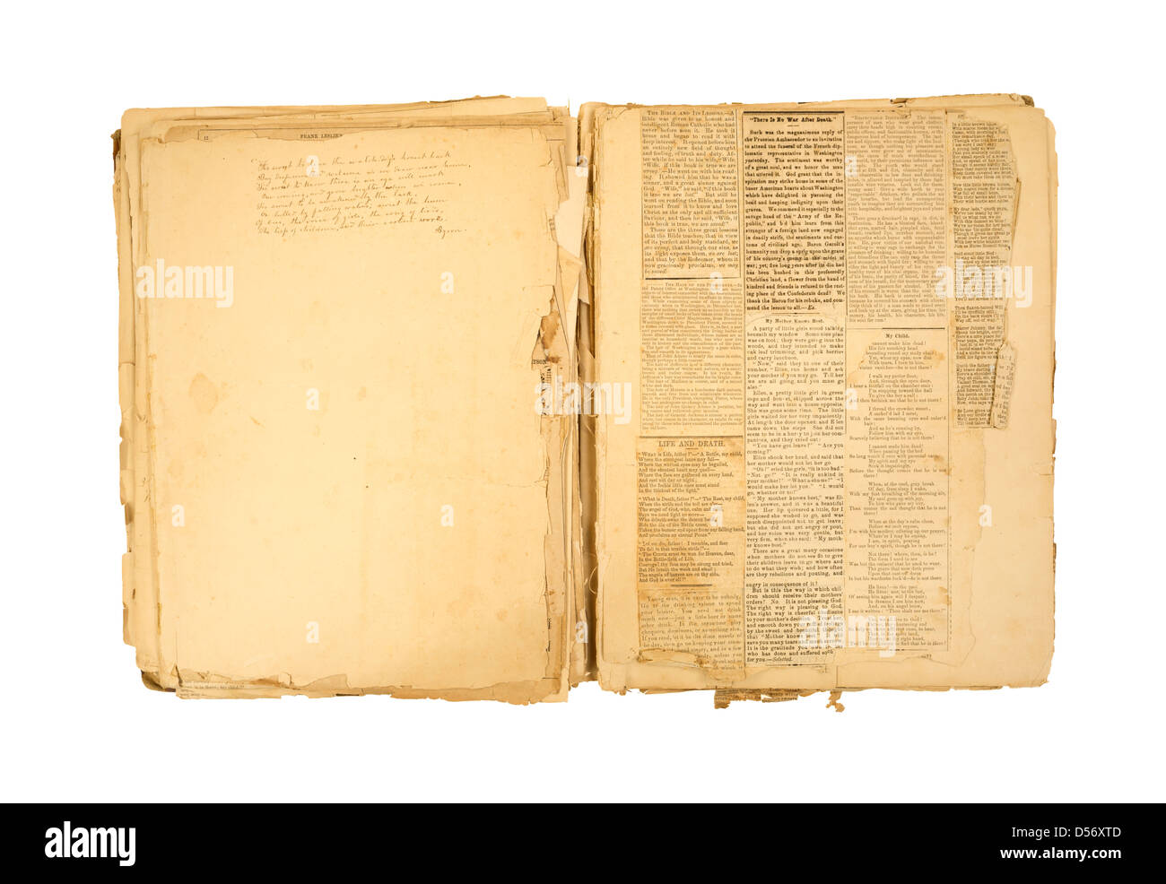 An antique scrapbook with a hand written poem and several newspaper clippings glued to weathered and yellowed pages. Stock Photo