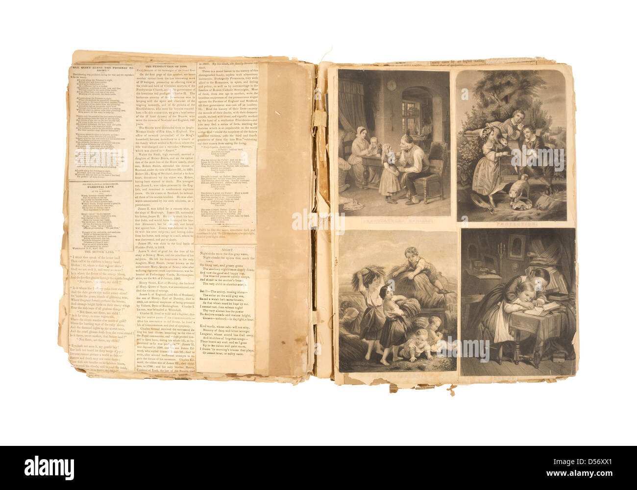 A vintage scrapbook with glued newspaper clippings and 1800s illustrations on a white background. Stock Photo