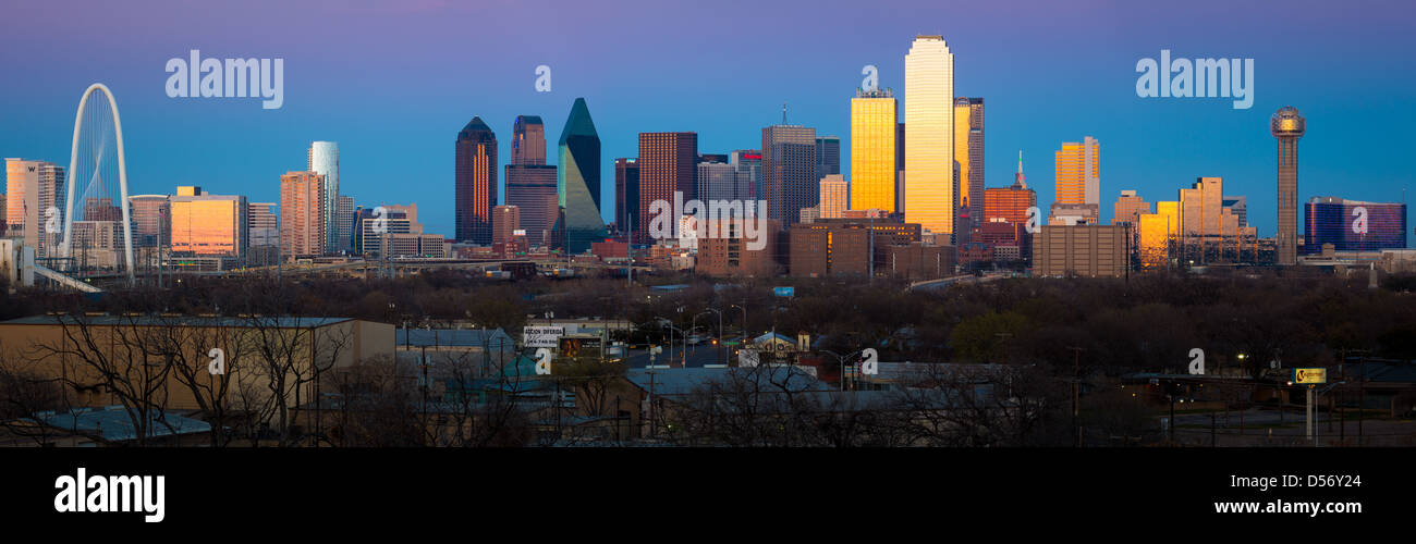 Panoramic image of the Dallas downtown skyline at sunset Stock Photo